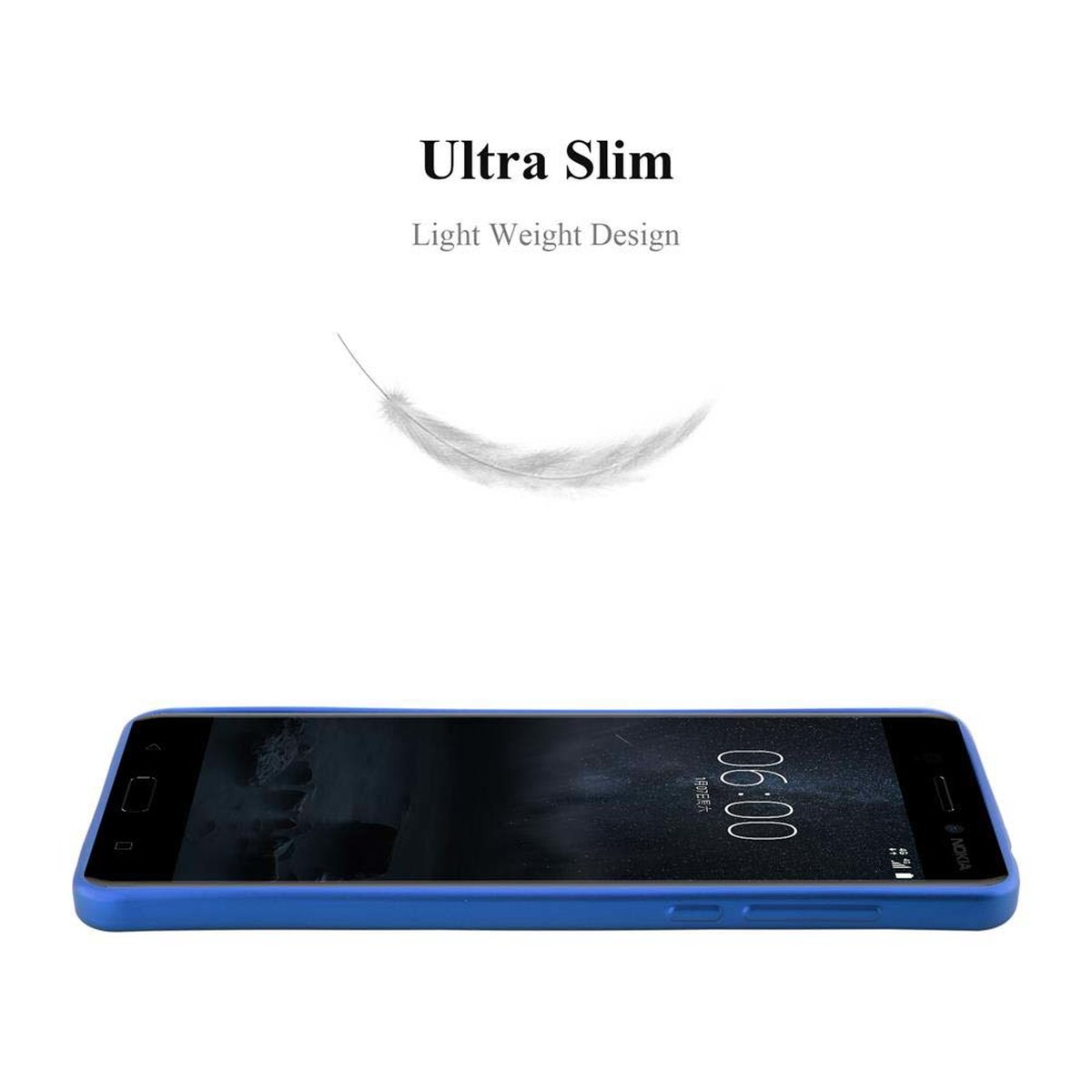 Telefono blu in una custodia blu. Il testo recita Ultra Slim, Light Weight Design. Una piuma fluttua.