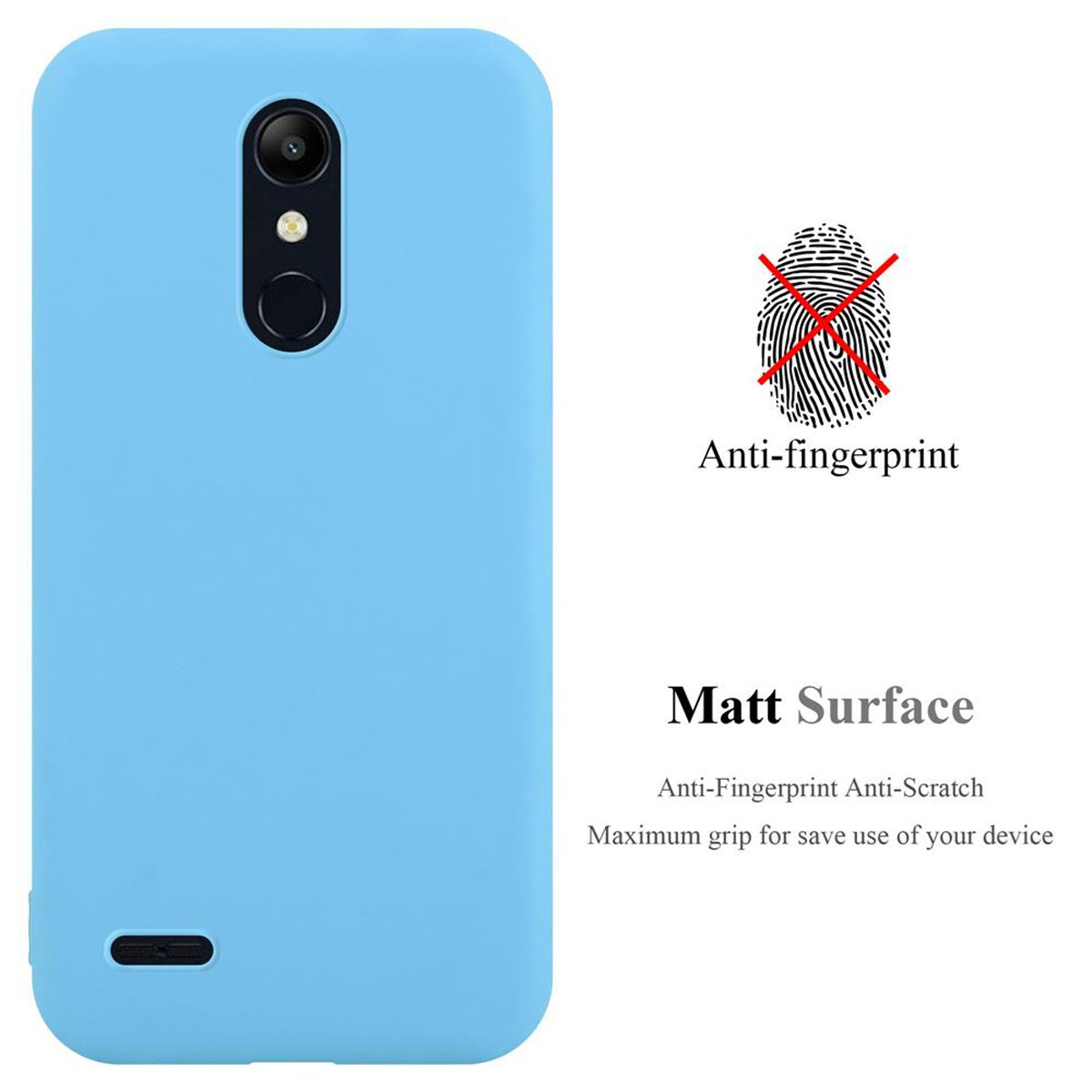 Una custodia per telefono azzurra con la funzione anti-impronte. Un'impronta digitale è barrata.
