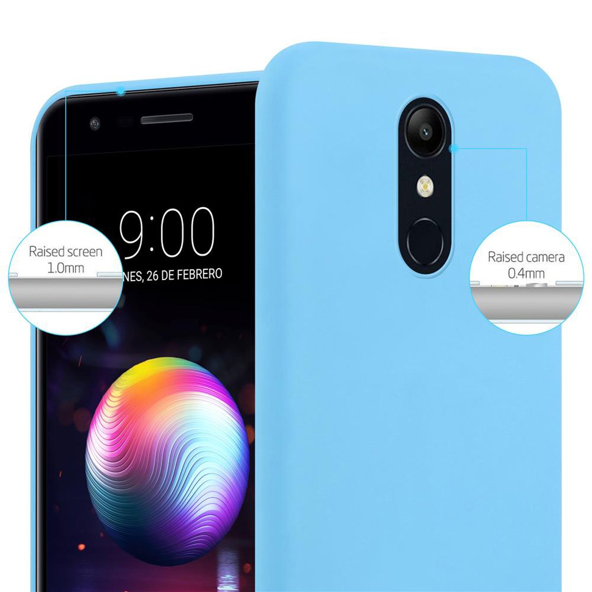 Custodia blu con telefono azzurro, mostra dettagli schermo e fotocamera rialzati, su sfondo bianco.