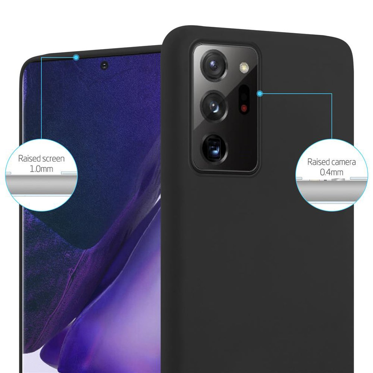 Una custodia nera con schermo e fotocamera rialzati e sfondo viola.