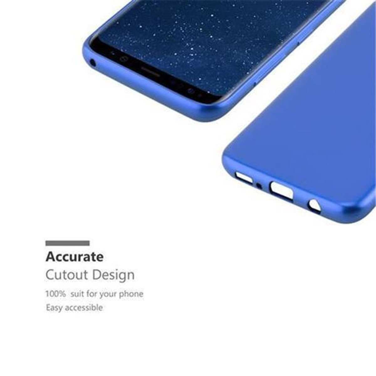 Custodia blu con due telefoni. Accurate Cutout Design è scritto in basso.