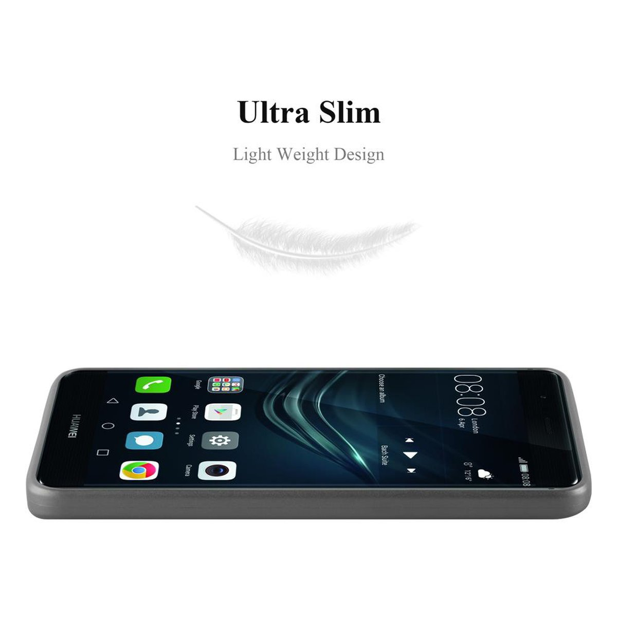 Smartphone nero in custodia grigia. Testo: Ultra Slim, Light Weight Design.