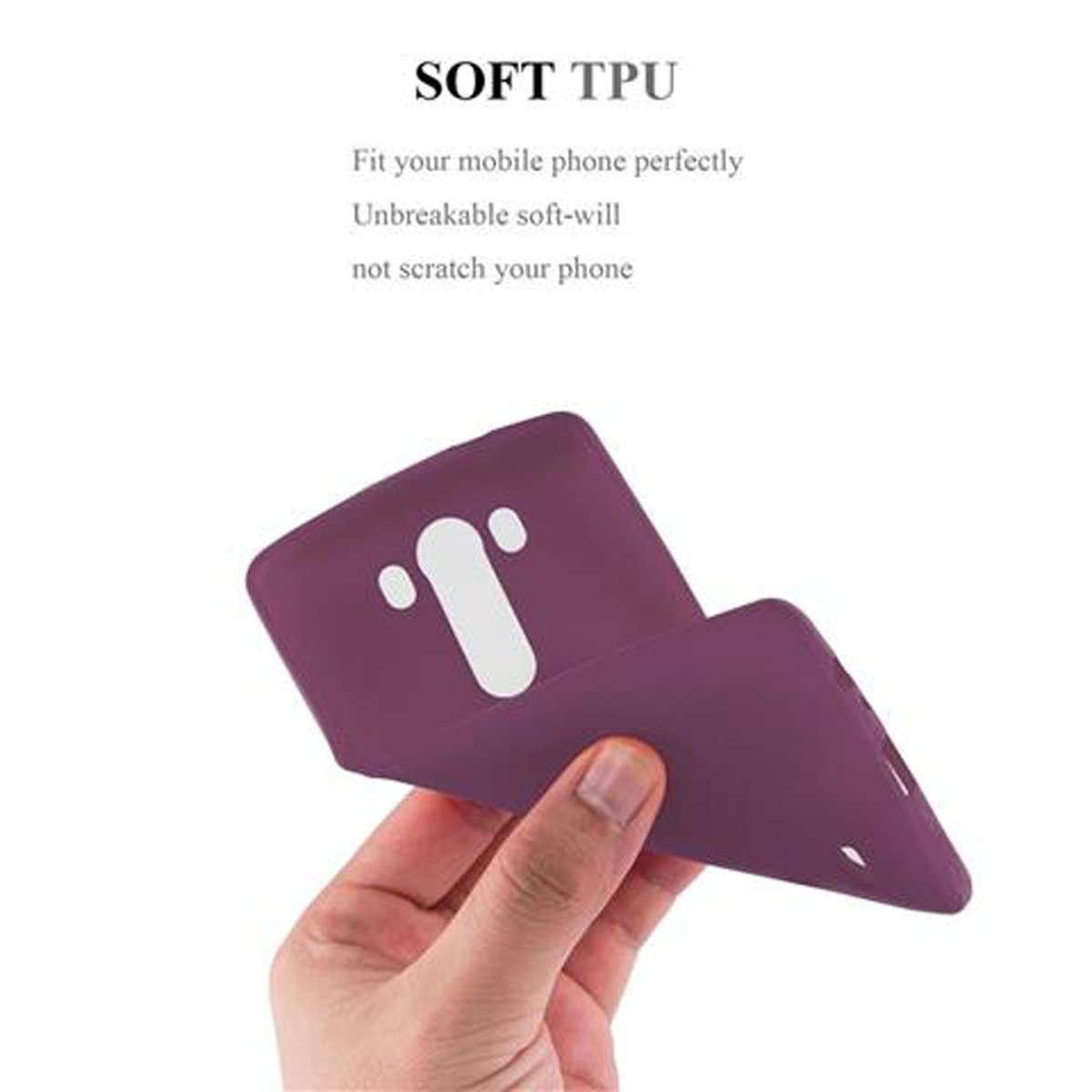 Una mano tiene una custodia viola per telefono con un logo bianco. Testo sopra.