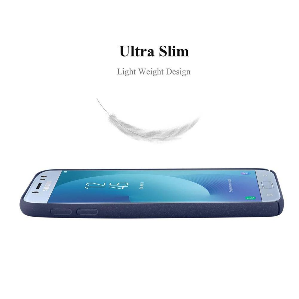 Telefono blu, testo: Ultra Slim. Sfondo bianco.
