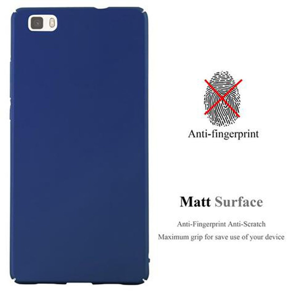 Funda de teléfono azul oscuro. Texto: anti-huellas y superficie mate. Símbolo de huella tachado.
