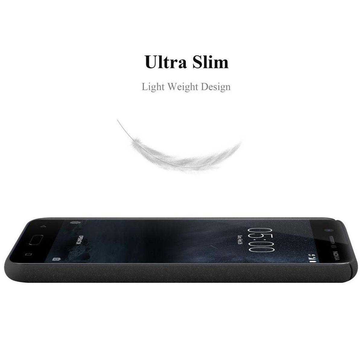 Schwarzes Telefon mit Text 'Ultra Slim Light Weight Design' und einer Feder auf weißem Grund.