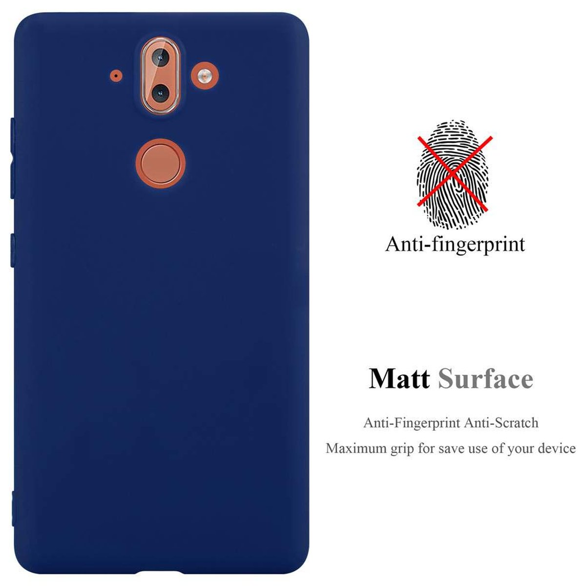 Custodia blu per telefono, con fotocamera e impronta digitale. Caratteristiche: anti-impronta e superficie opaca.