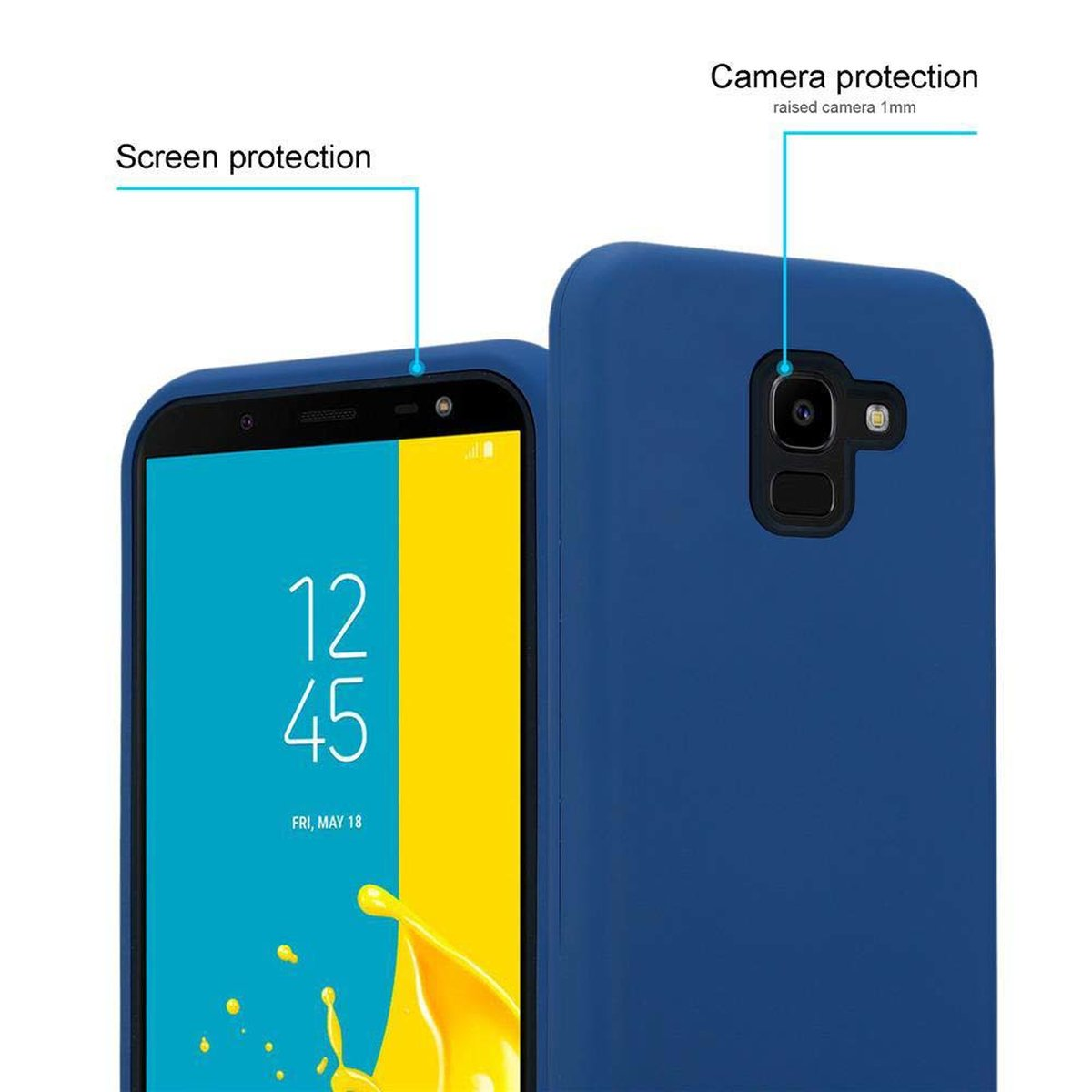 Custodia blu per telefono, con protezione schermo e fotocamera indicate.