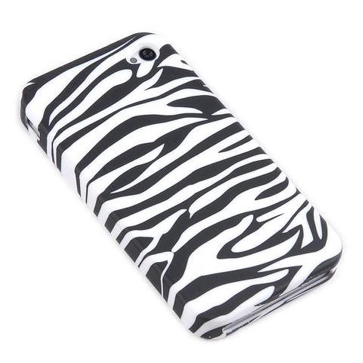Eine weiße Handyhülle mit schwarzen Zebrastreifen.