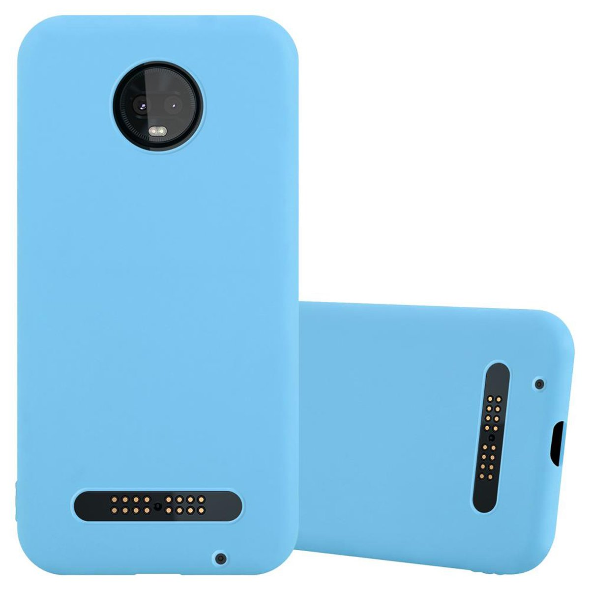 Due custodie per telefono azzurre. Una copre il telefono. L'altra è la cover posteriore. Sfondo bianco.