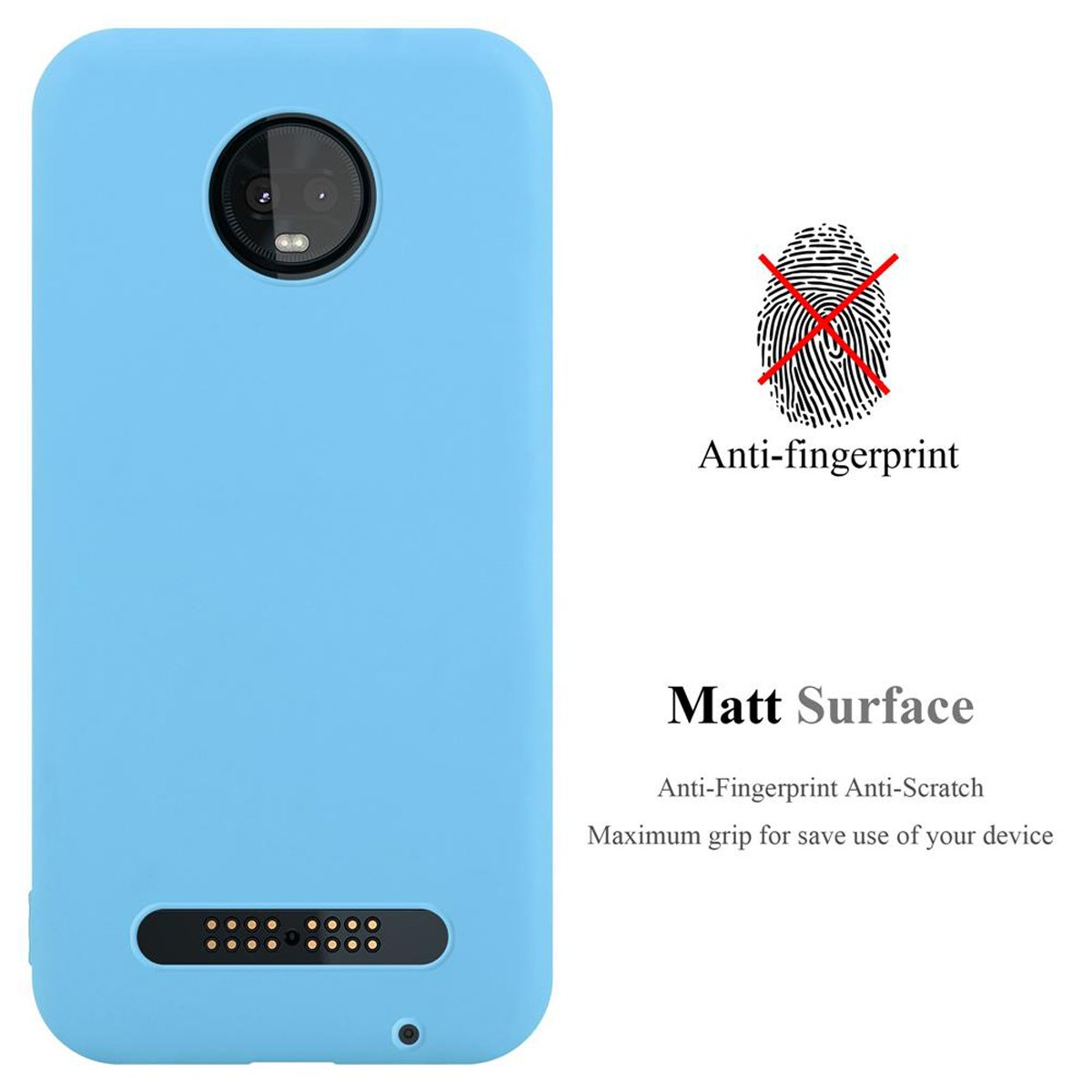 Custodia per telefono blu con testo anti-impronte e superficie opaca. Sfondo bianco.