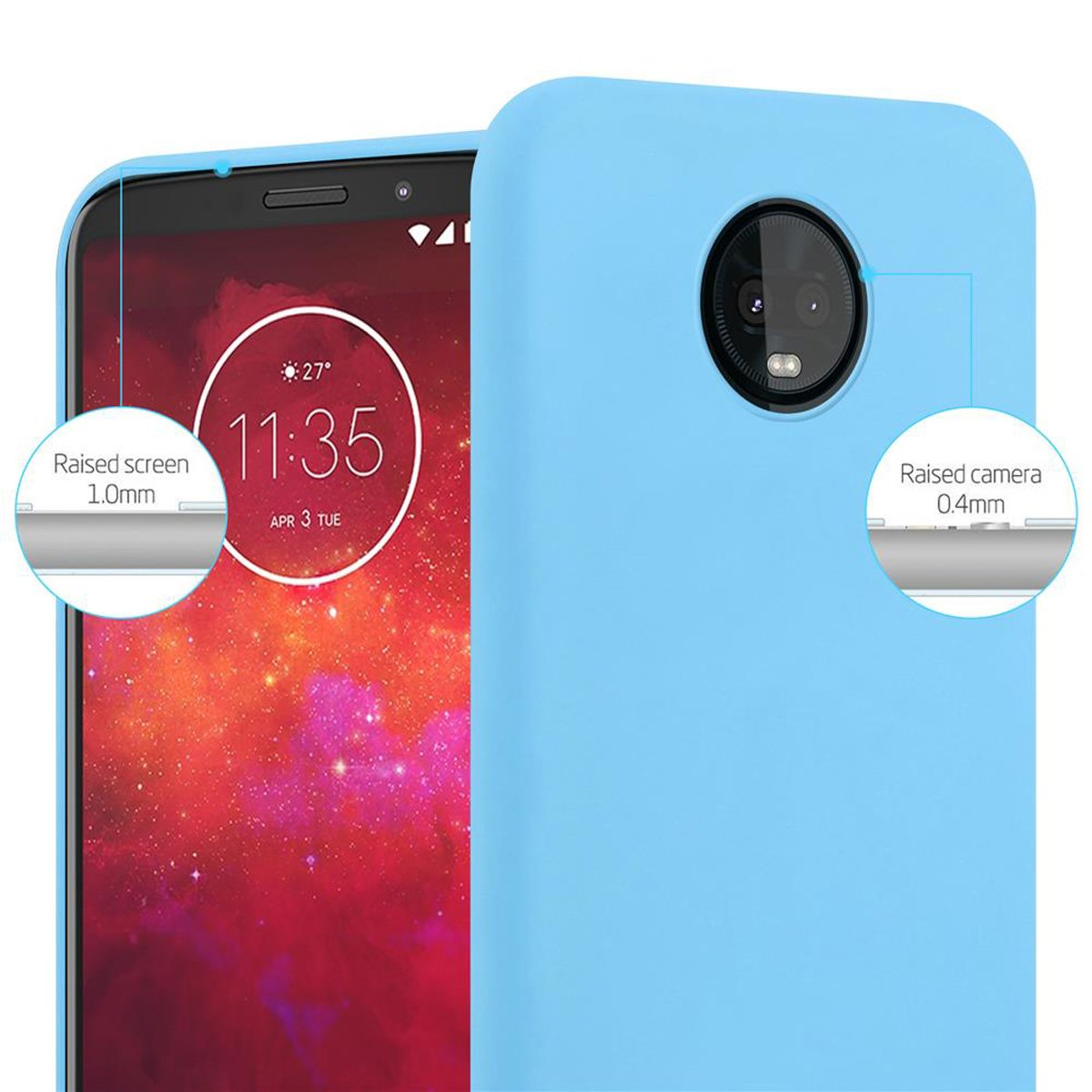 Custodia blu con un telefono. Sono evidenziati i dettagli dello schermo e della fotocamera rialzati.