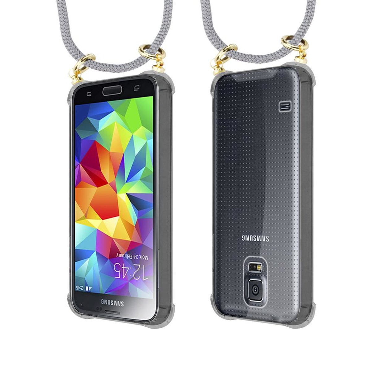 CADORABO Handy und Backcover, S5 Hülle, / SILBER S5 mit abnehmbarer Samsung, Band Ringen, NEO, Kette Kordel Galaxy GRAU Gold