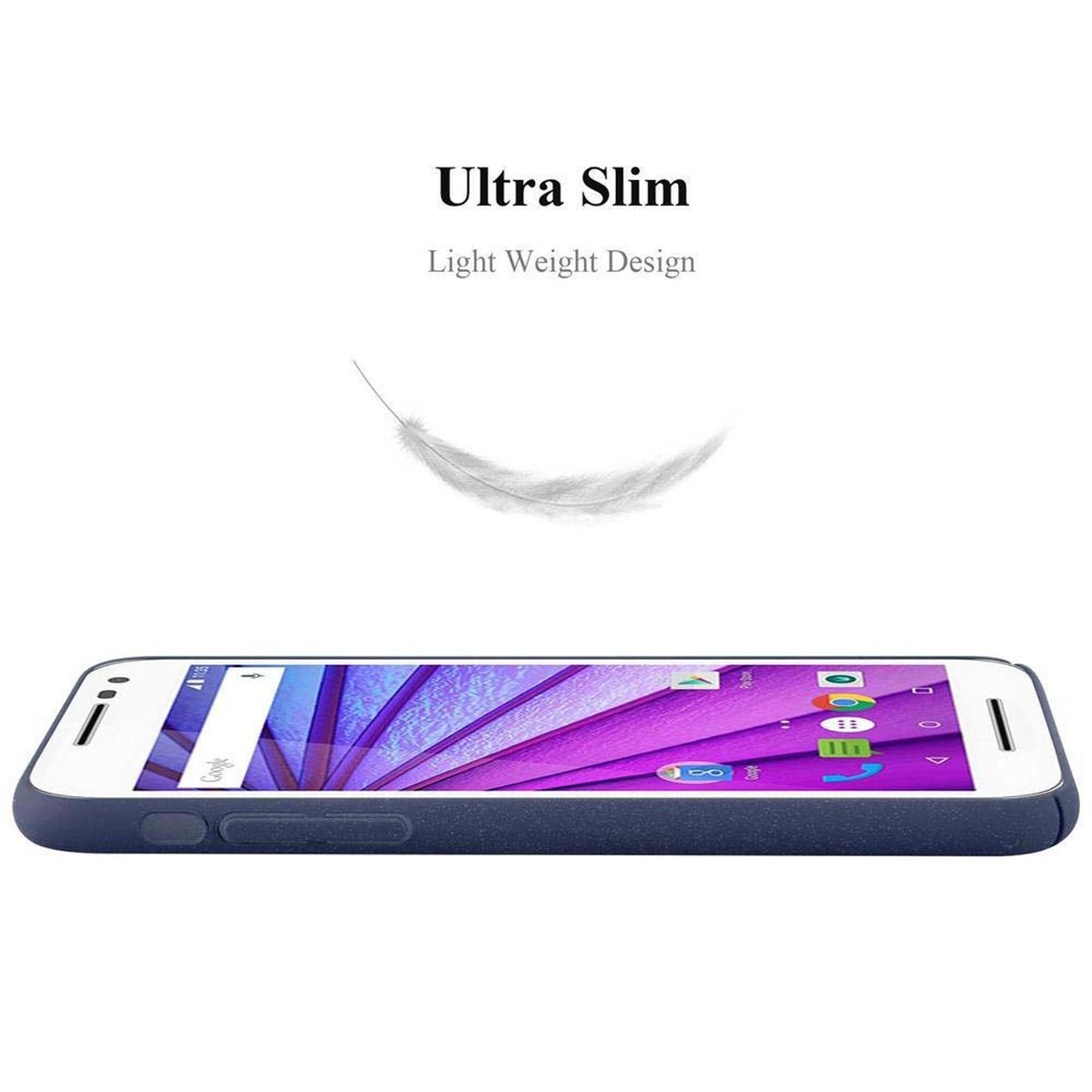 Custodia blu per telefono e un telefono. Il testo 'Ultra Slim' e una piuma in alto.