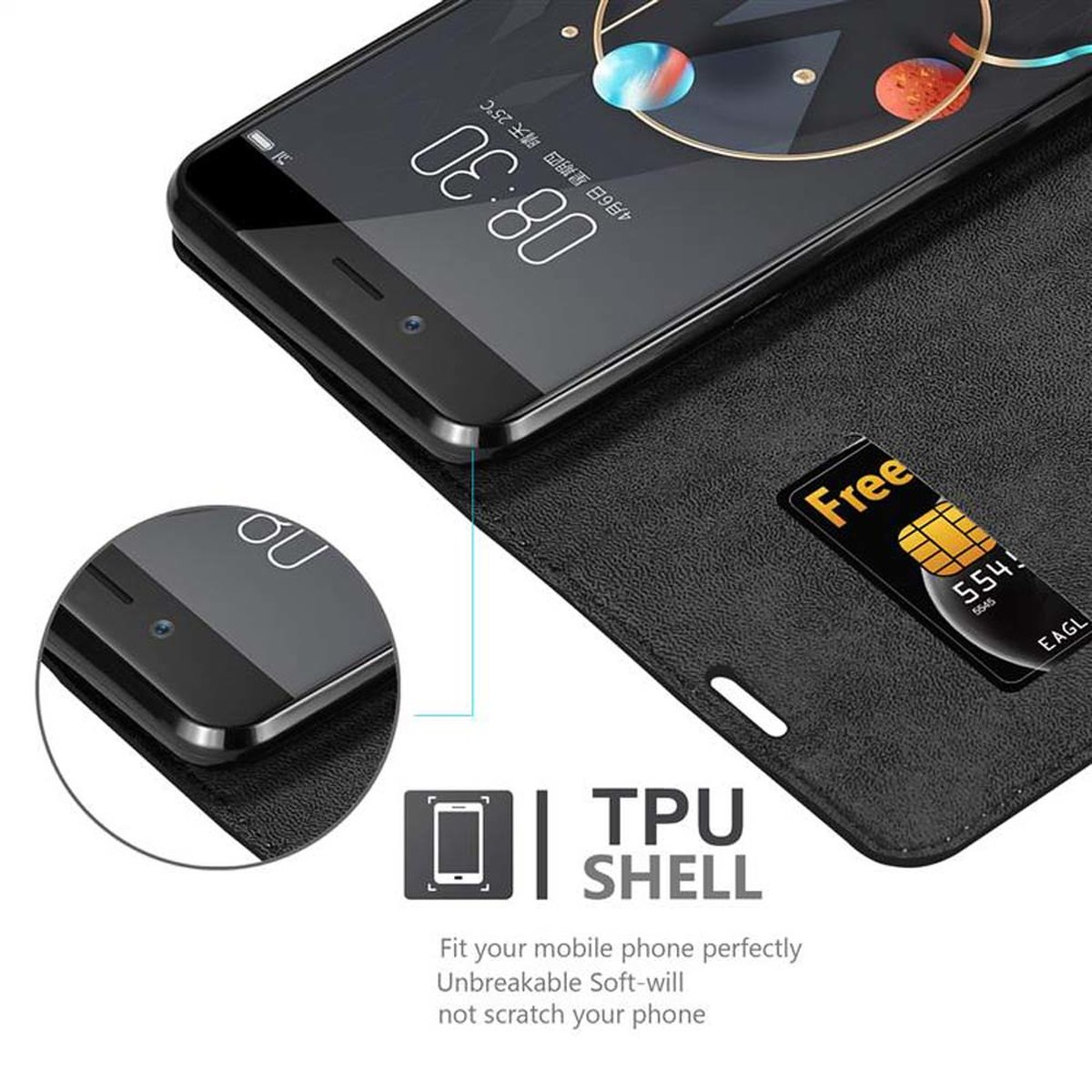 Telefono in custodia a libro nera con slot per schede, che mostra ora e app. Una piuma fluttua sopra.