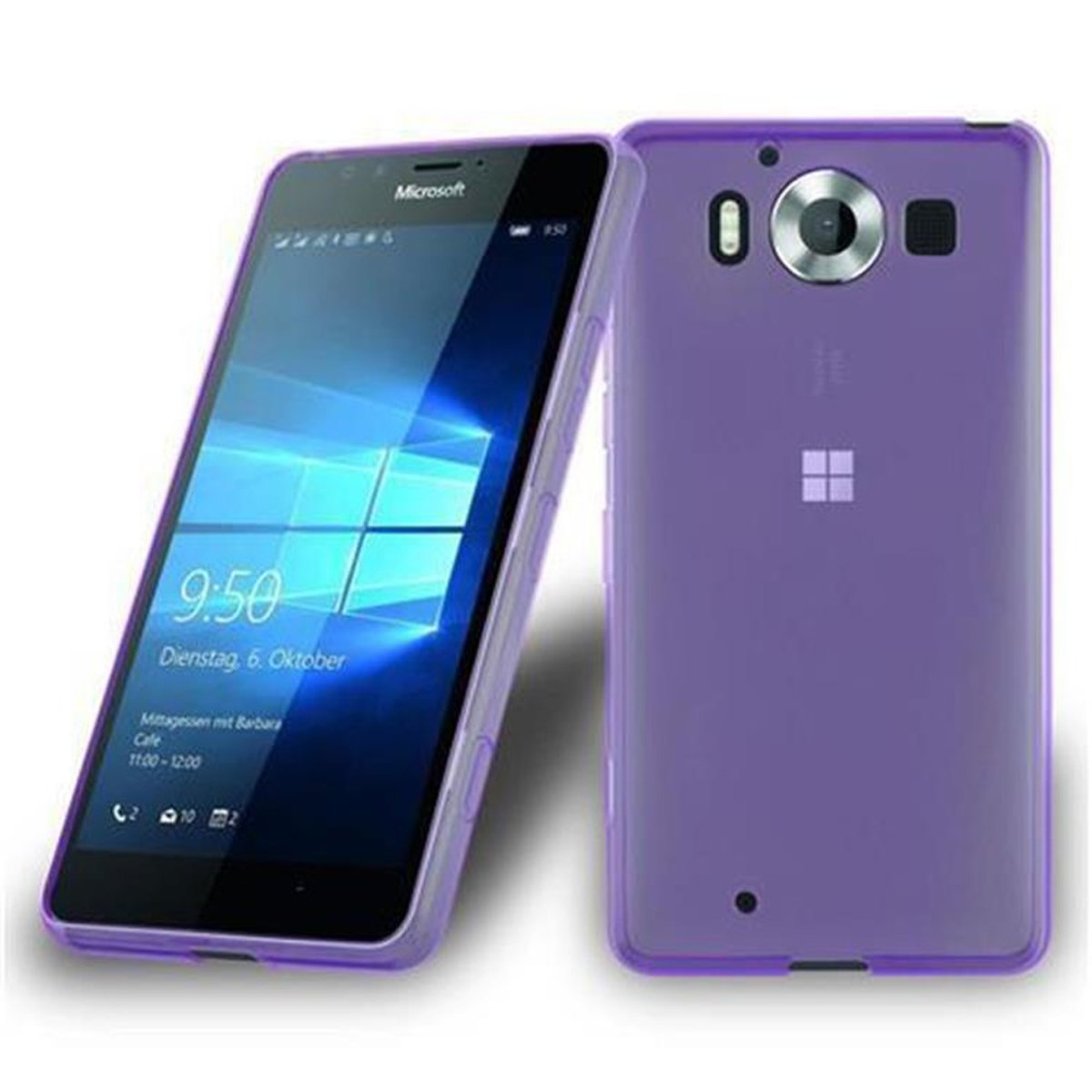 Due telefoni viola in custodie. La parte anteriore mostra un orologio e il retro ha fotocamera, flash e logo Microsoft.