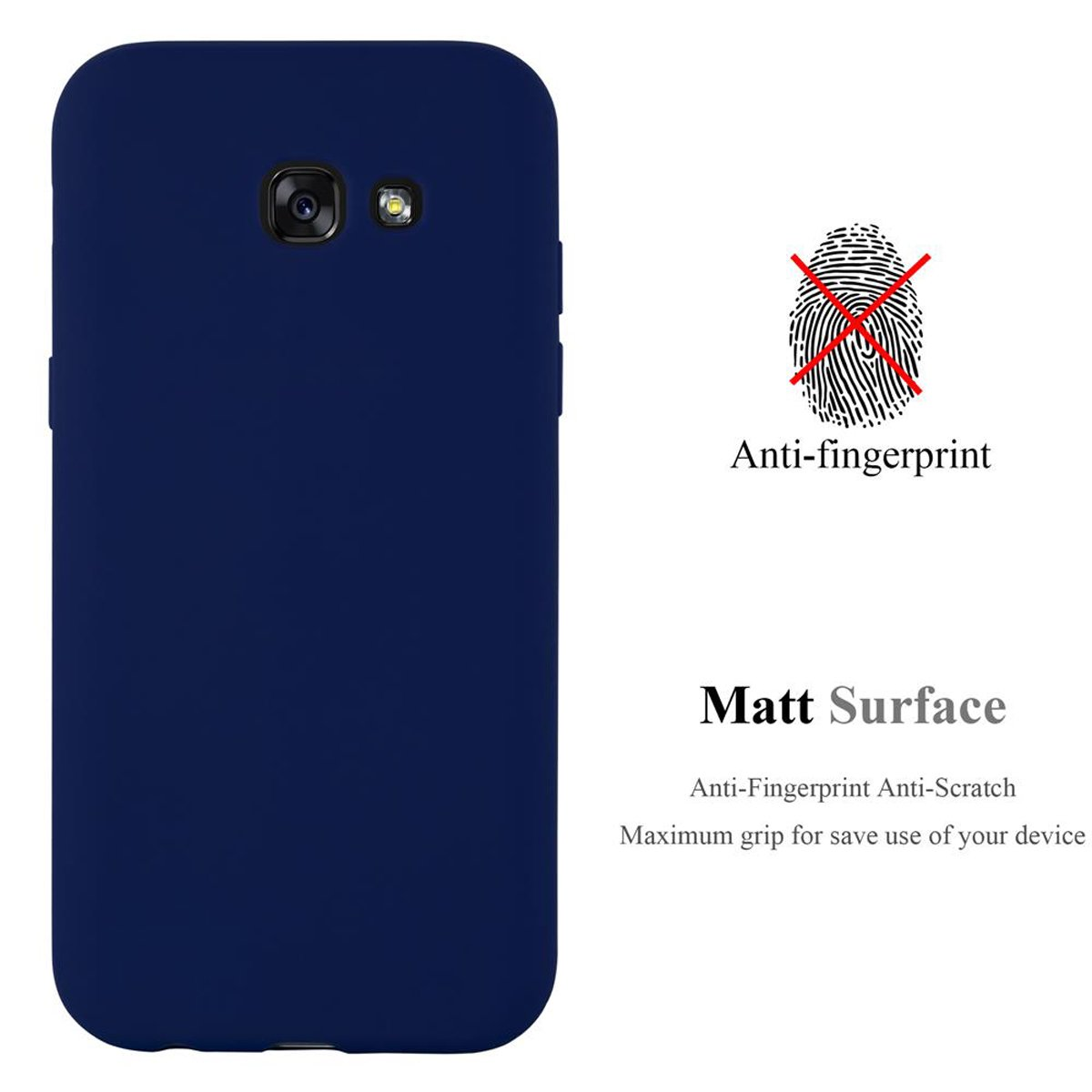Custodia per telefono blu scuro con descrizione Anti-impronte e Superficie opaca.