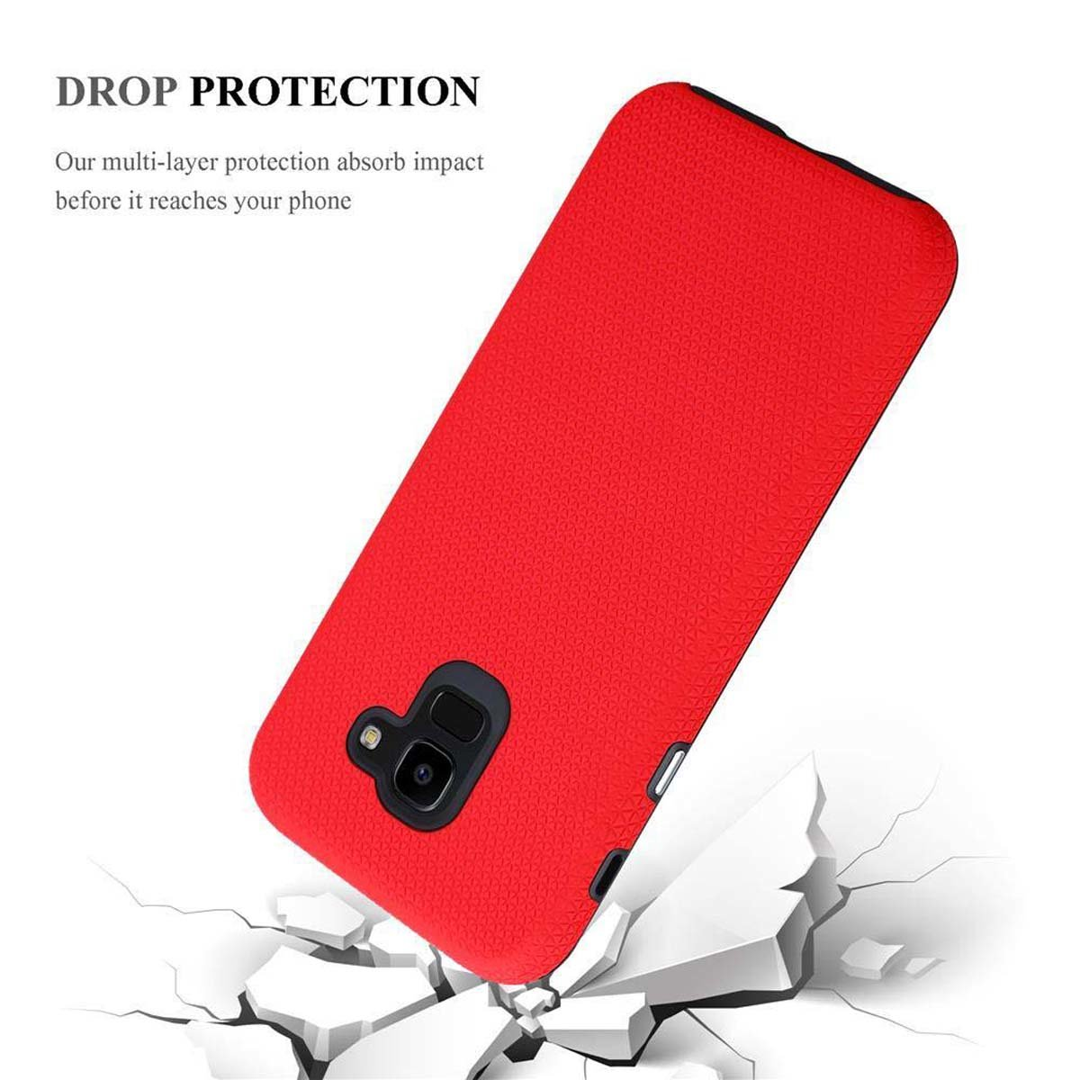 Custodia rossa per telefono su superficie bianca. Testo: Drop Protection. Sfondo bianco.