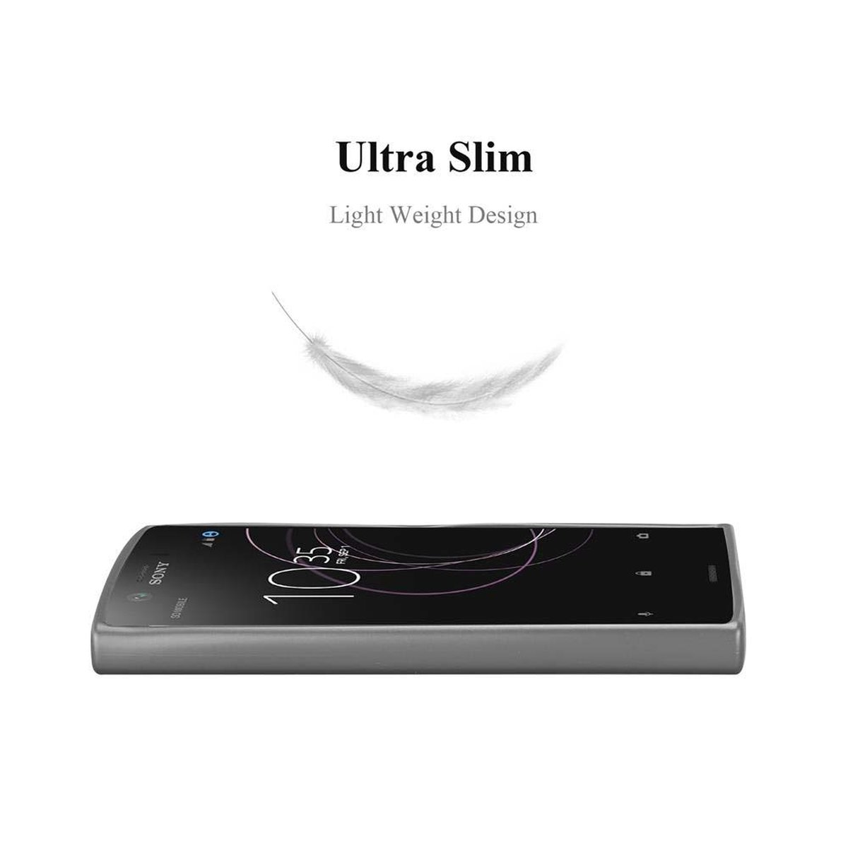 Un telefono sottile e argentato sdraiato sul lato, che mostra l'ora. Il testo sopra dice 'Ultra Slim'.