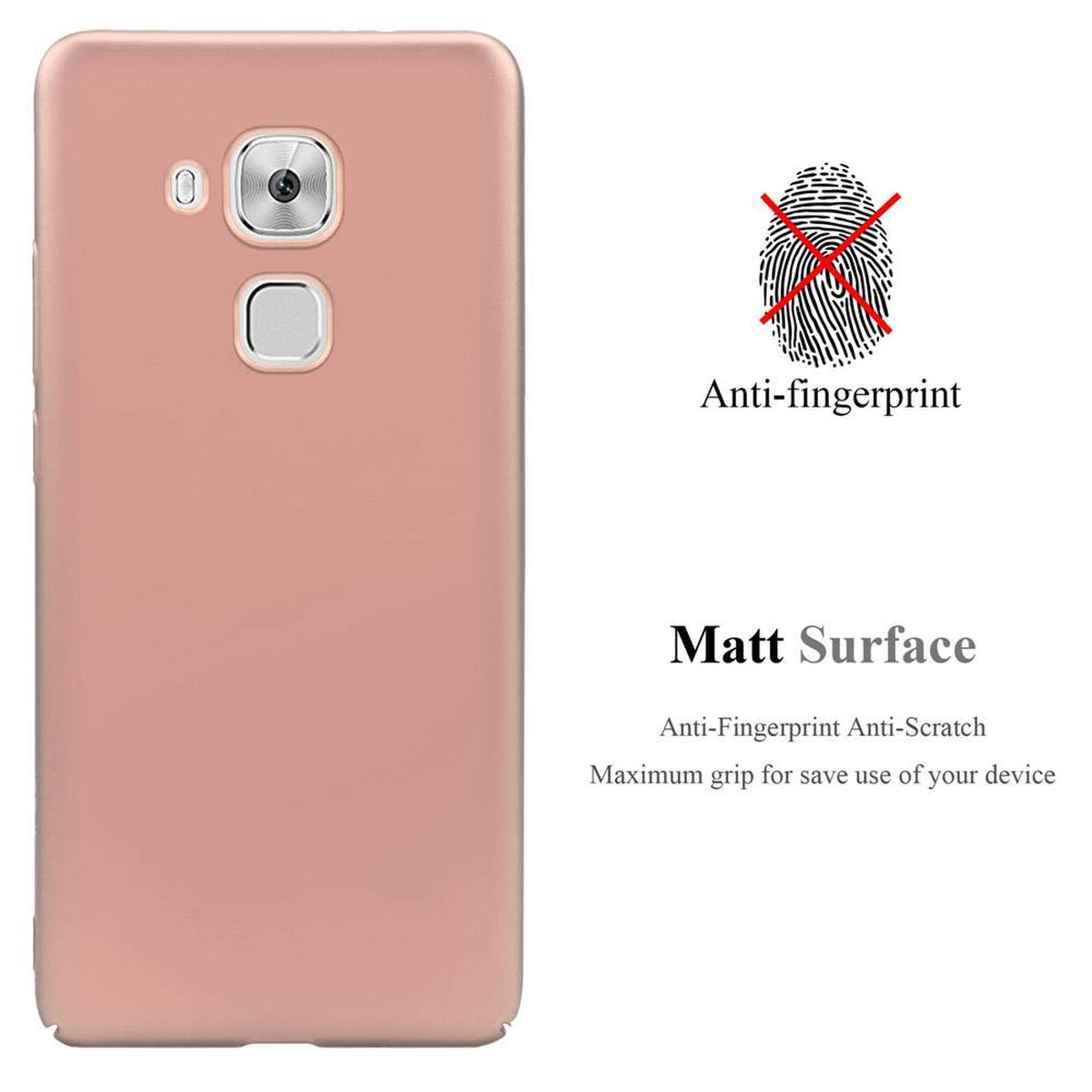 Custodia per telefono rosa con la scritta "Anti-impronte" e un simbolo di impronta digitale con una croce rossa.