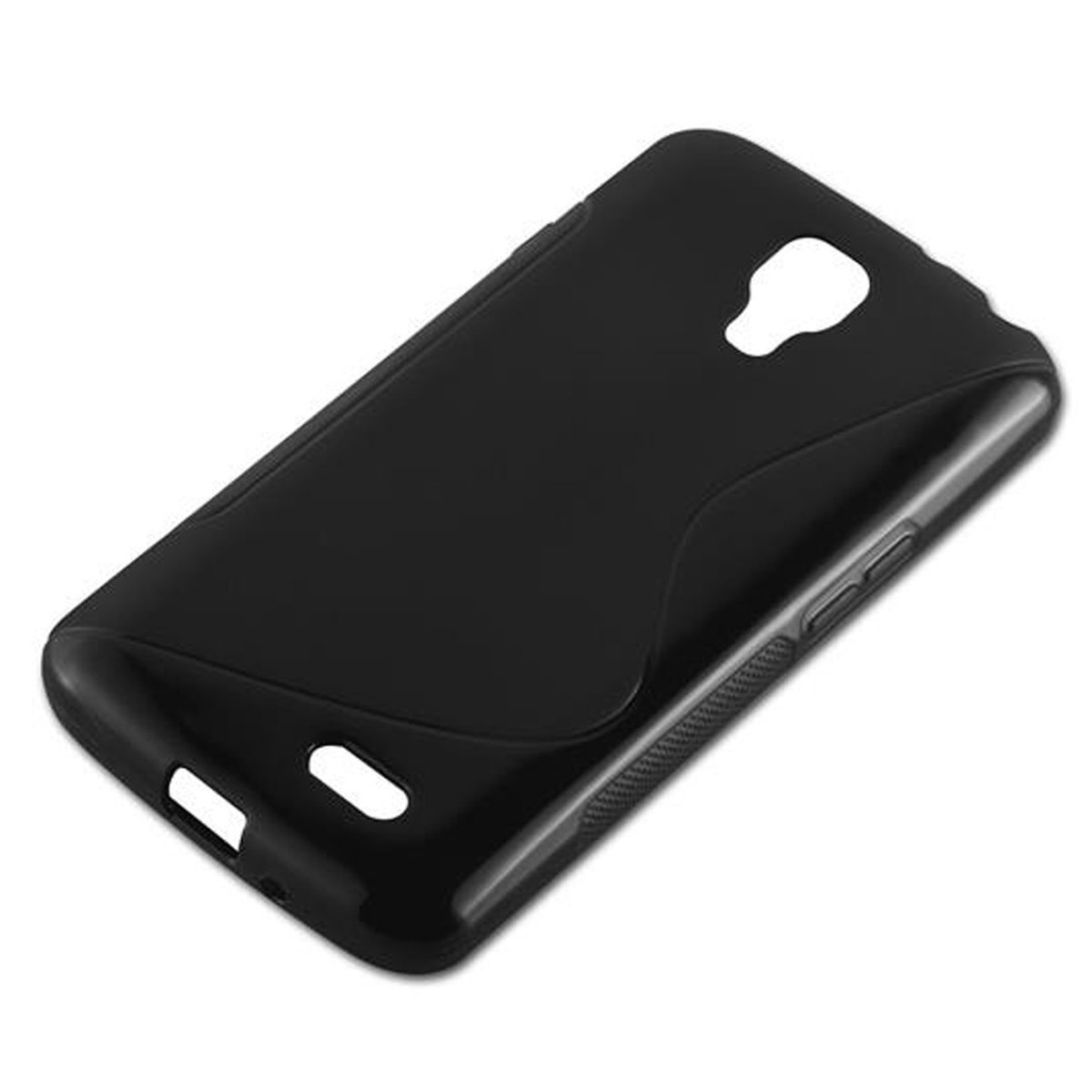 Coque de téléphone noire. Elle a des découpes pour la caméra et les boutons, avec une finition brillante.