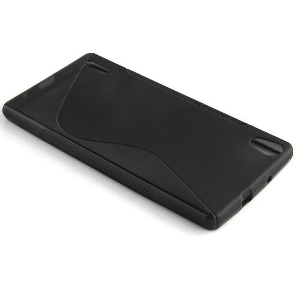 Custodia per telefono nera con design curvo. La custodia è su una superficie bianca.