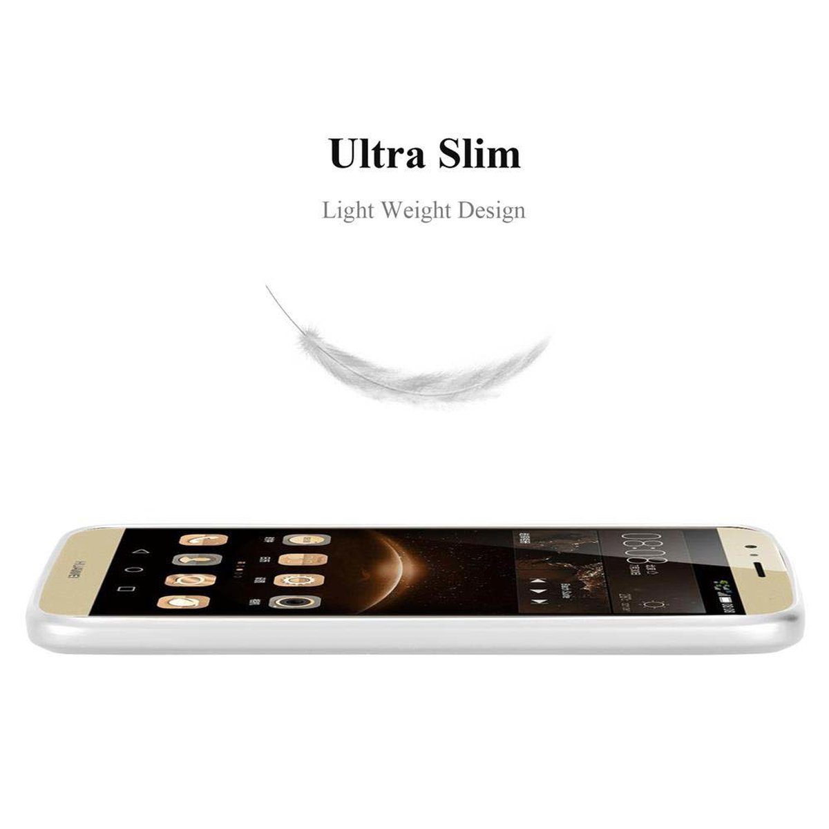 Teléfono de lado. Texto: Ultra Slim, Diseño ligero. Gráfico de plumas. La pantalla está encendida.