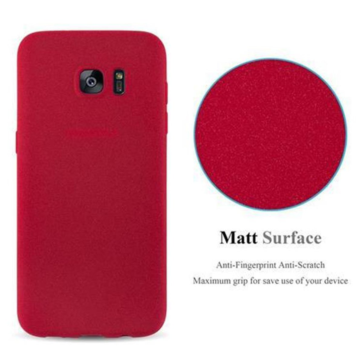 Custodia per telefono rossa. Testo: Superficie opaca. Anti-impronte, antigraffio.