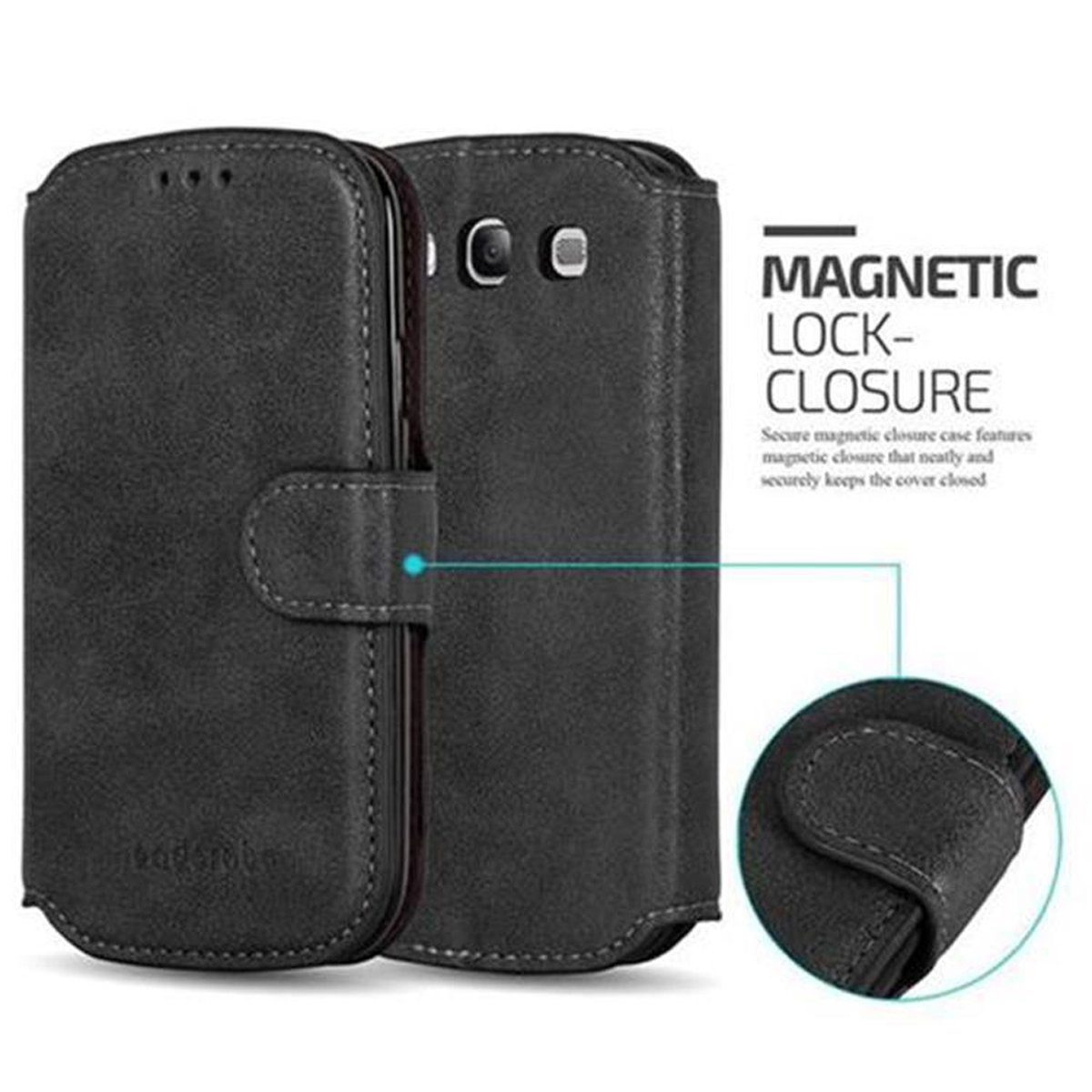Funda de teléfono de cuero negro abierta, con cierre magnético. El texto dice 'Magnetic Lock-Closure'.
