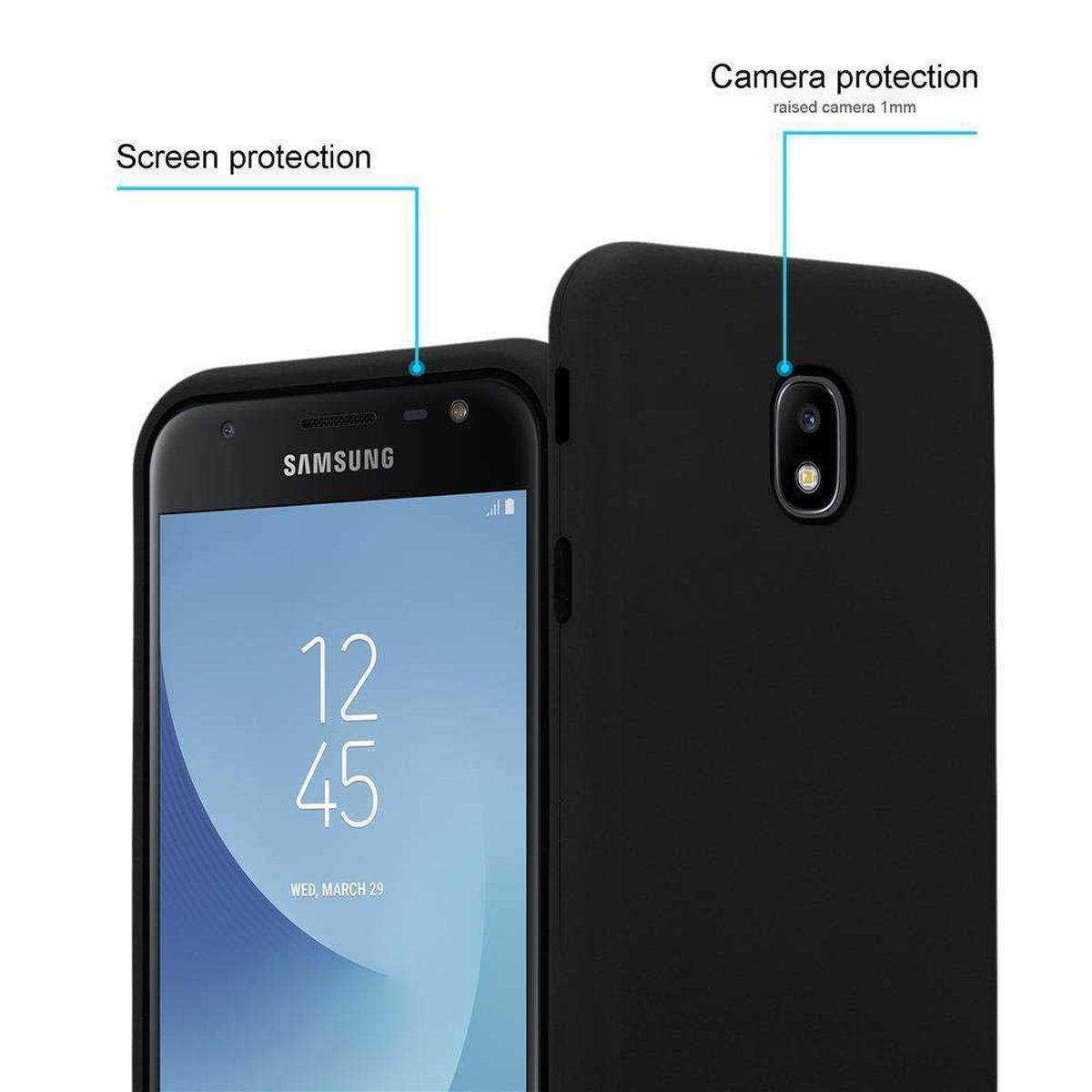 Schwarzes Telefon in einer Hülle mit Bildschirm- und Kameraschutz. Schwarzer Hintergrund.