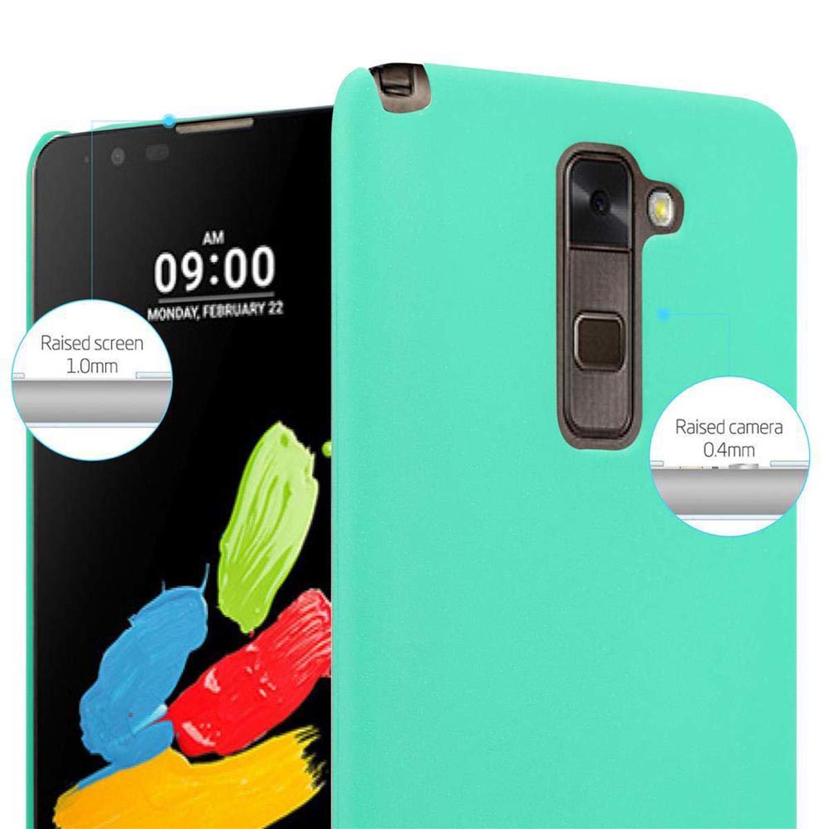 Türkisfarbene Handyhülle auf einem Telefon. Weißer Hintergrund. Nahaufnahme von Bildschirm und Kamera.