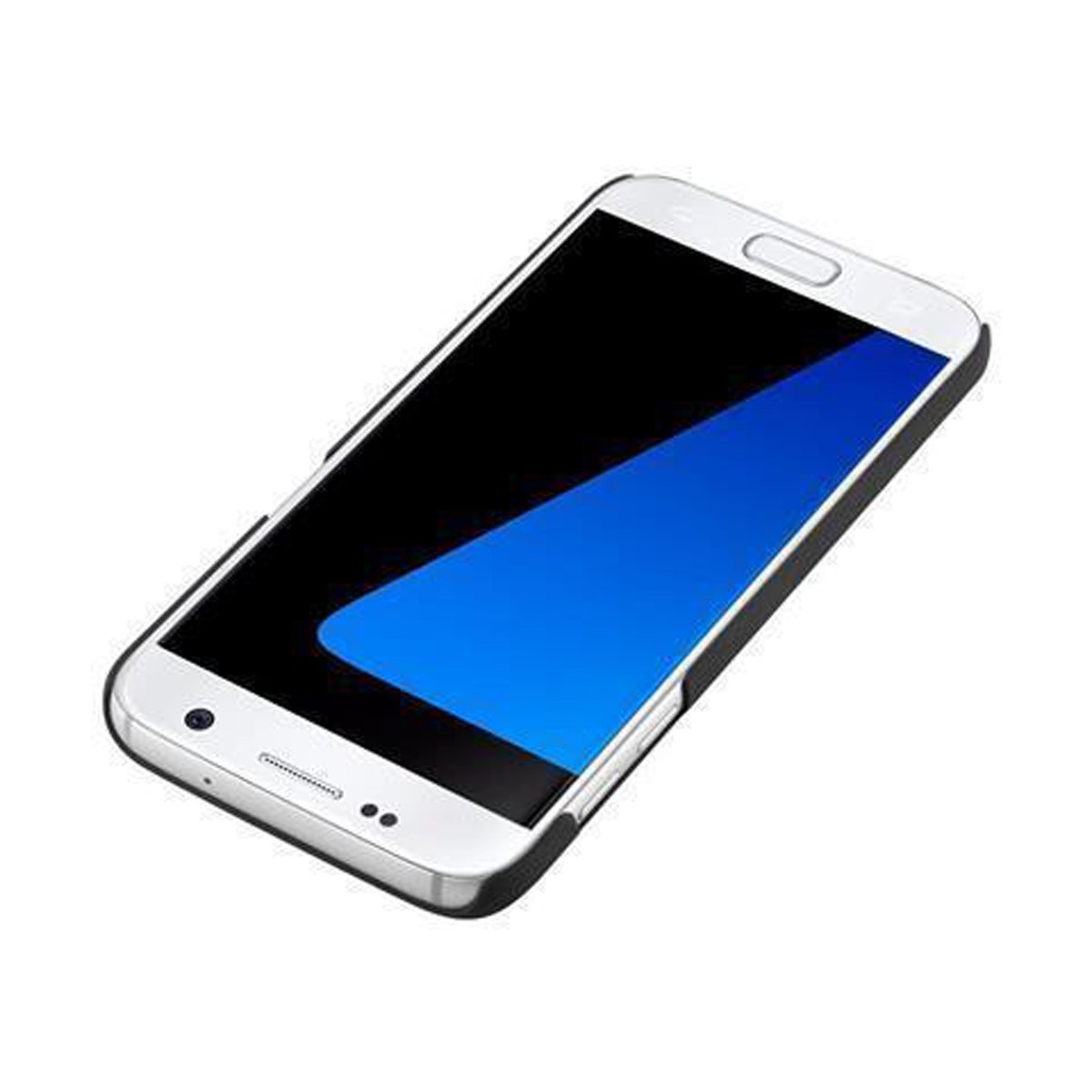 Un telefono bianco con bordo nero e schermo blu. È su sfondo bianco.