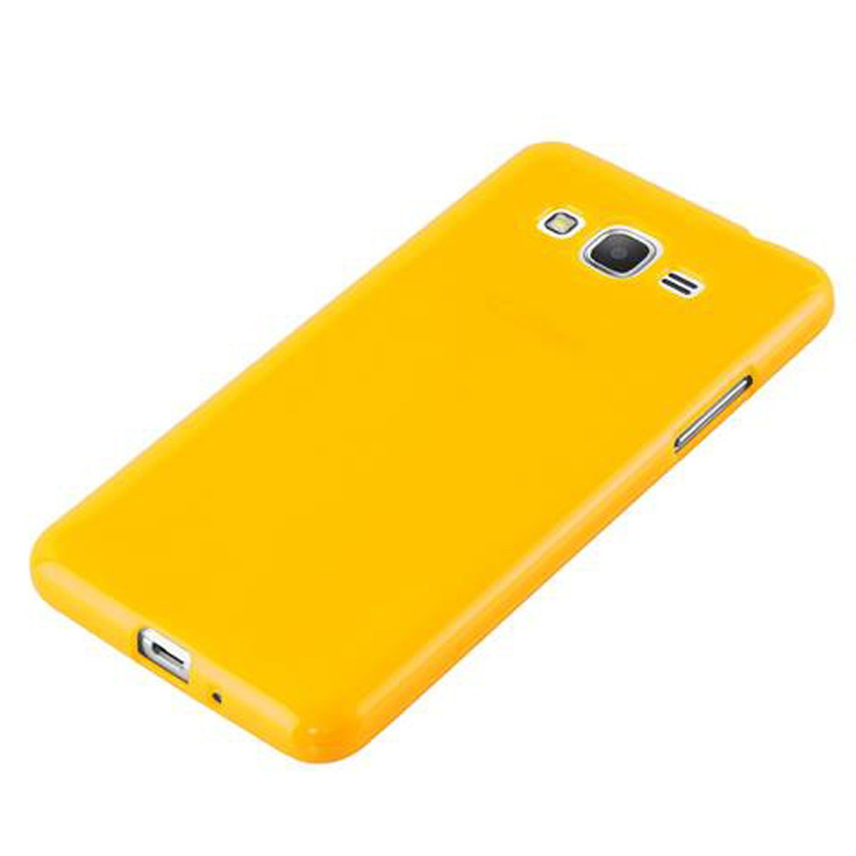 Funda amarilla para teléfono, mostrando la parte trasera de un teléfono.