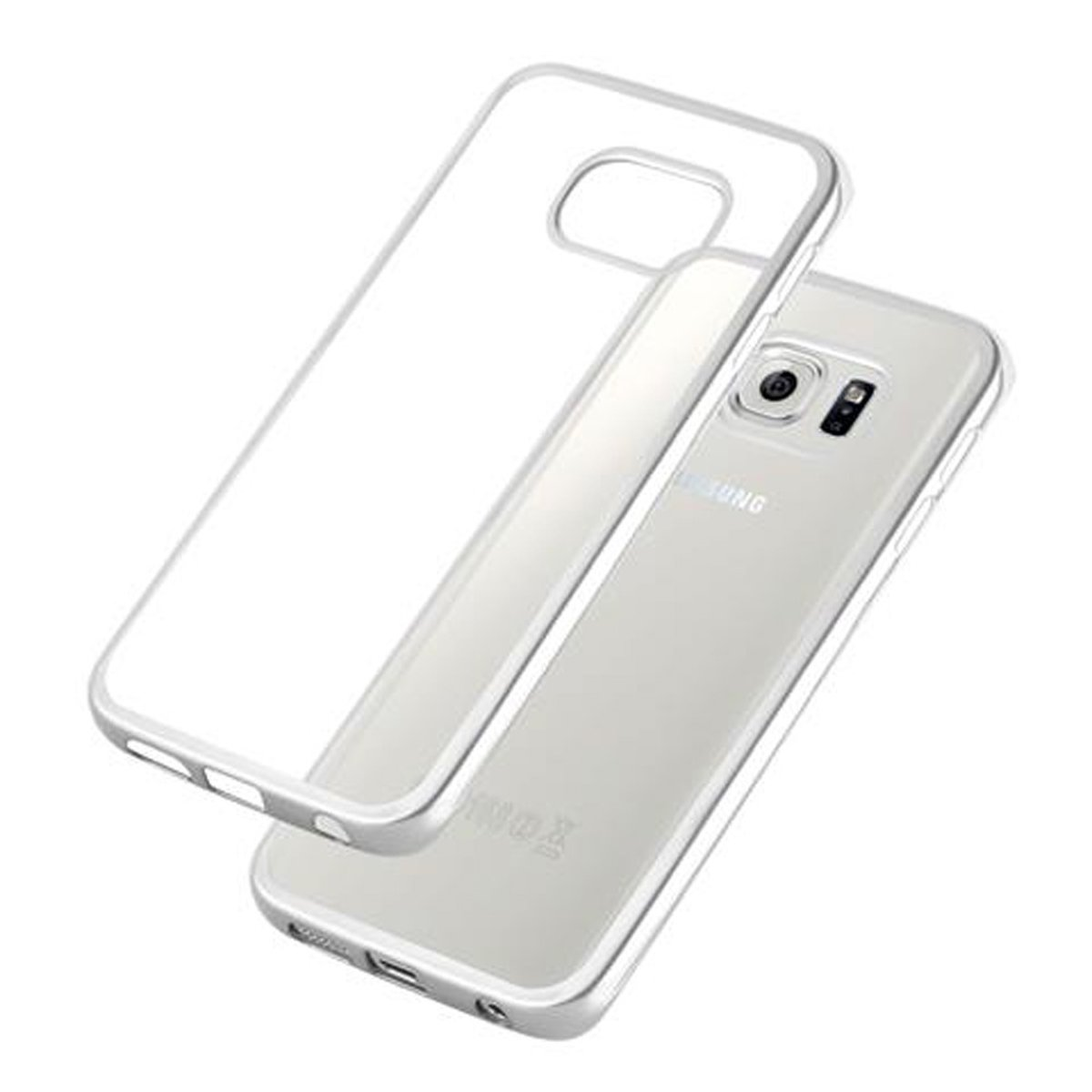 Custodia trasparente con bordo argento, accanto a un telefono. Sfondo bianco.