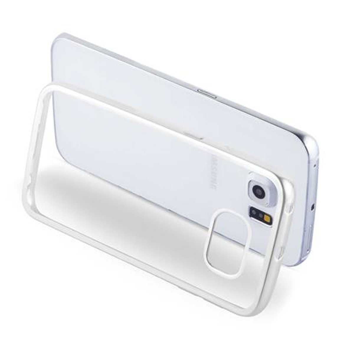 Telefono all'interno di una custodia trasparente. Il telefono è bianco e ha una fotocamera. La custodia è trasparente.