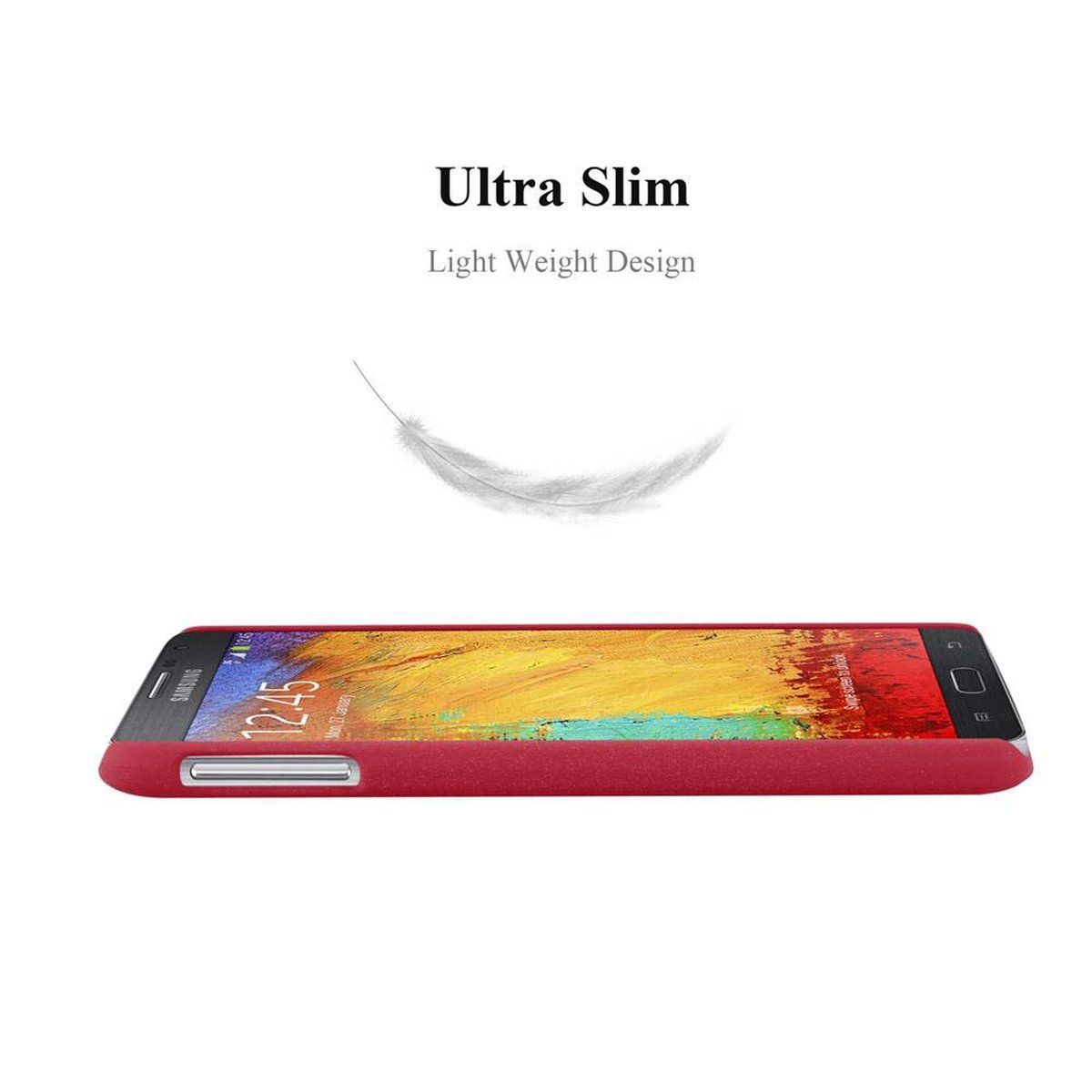 Seitenansicht eines roten Telefons in einer Hülle, Text 'Ultra Slim' und Feder.