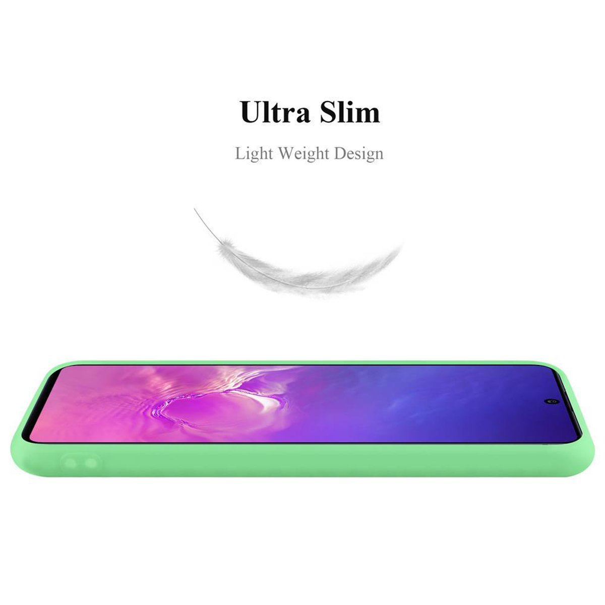 Custodia per telefono verde con grafica a piuma. Testo: Ultra Slim, Design leggero.