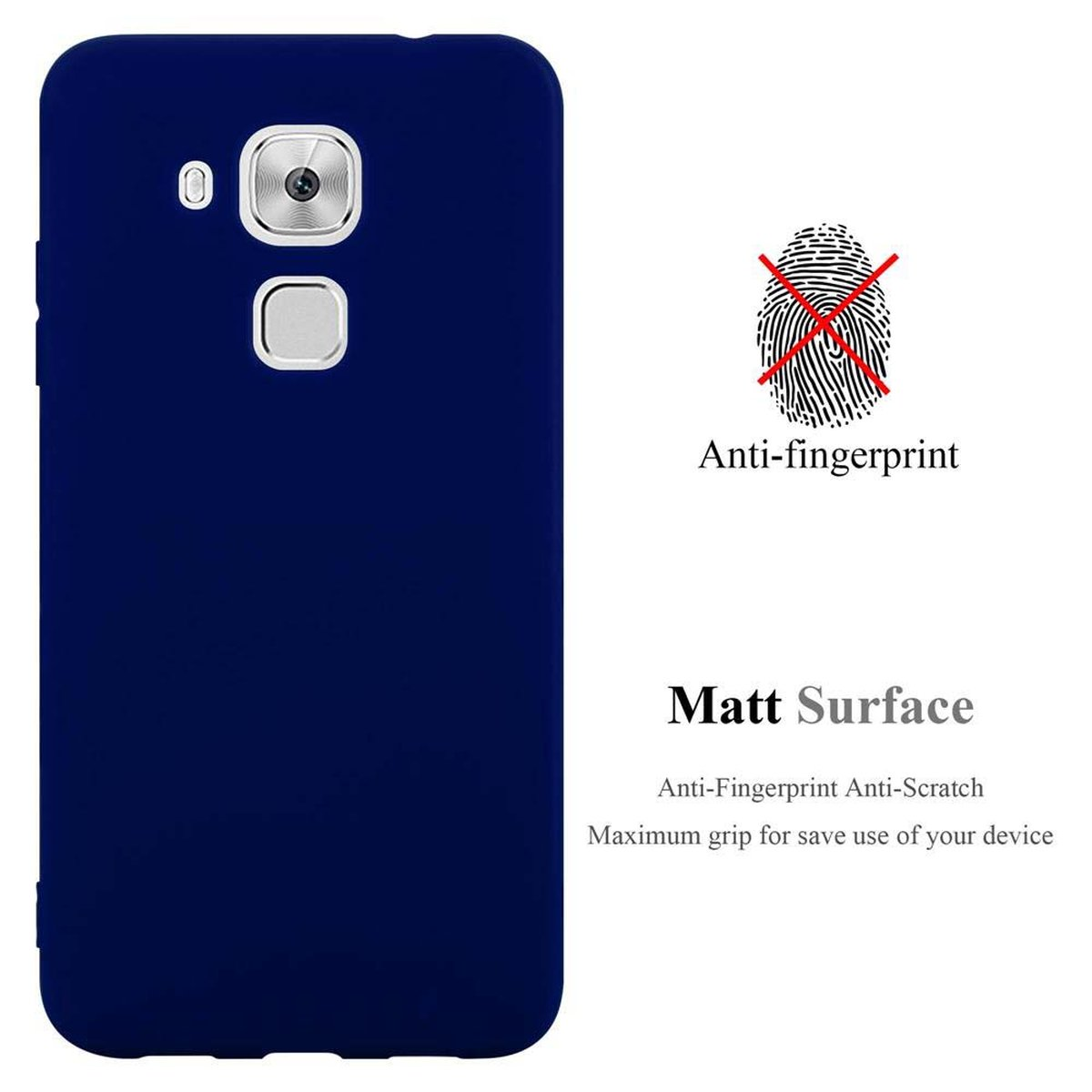 Custodia per telefono blu scuro con superficie opaca. Presenta un ritaglio per la fotocamera, con testo che indica anti-impronta e antigraffio.