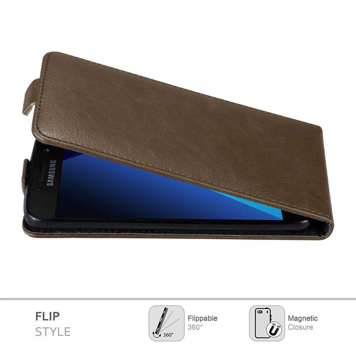 Una custodia marrone con coperchio a ribalta e un telefono all'interno con schermo blu.