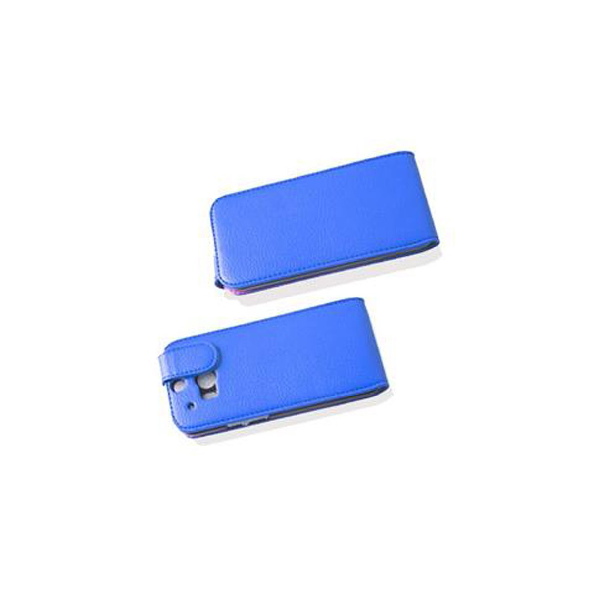 Dos fundas azules para teléfono, vista superior, fondo blanco.
