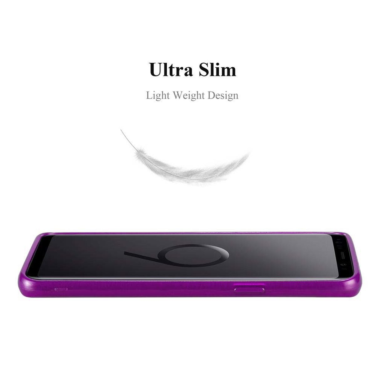 Vista laterale di un telefono viola in una custodia, testo 'Ultra Slim' e una piuma.