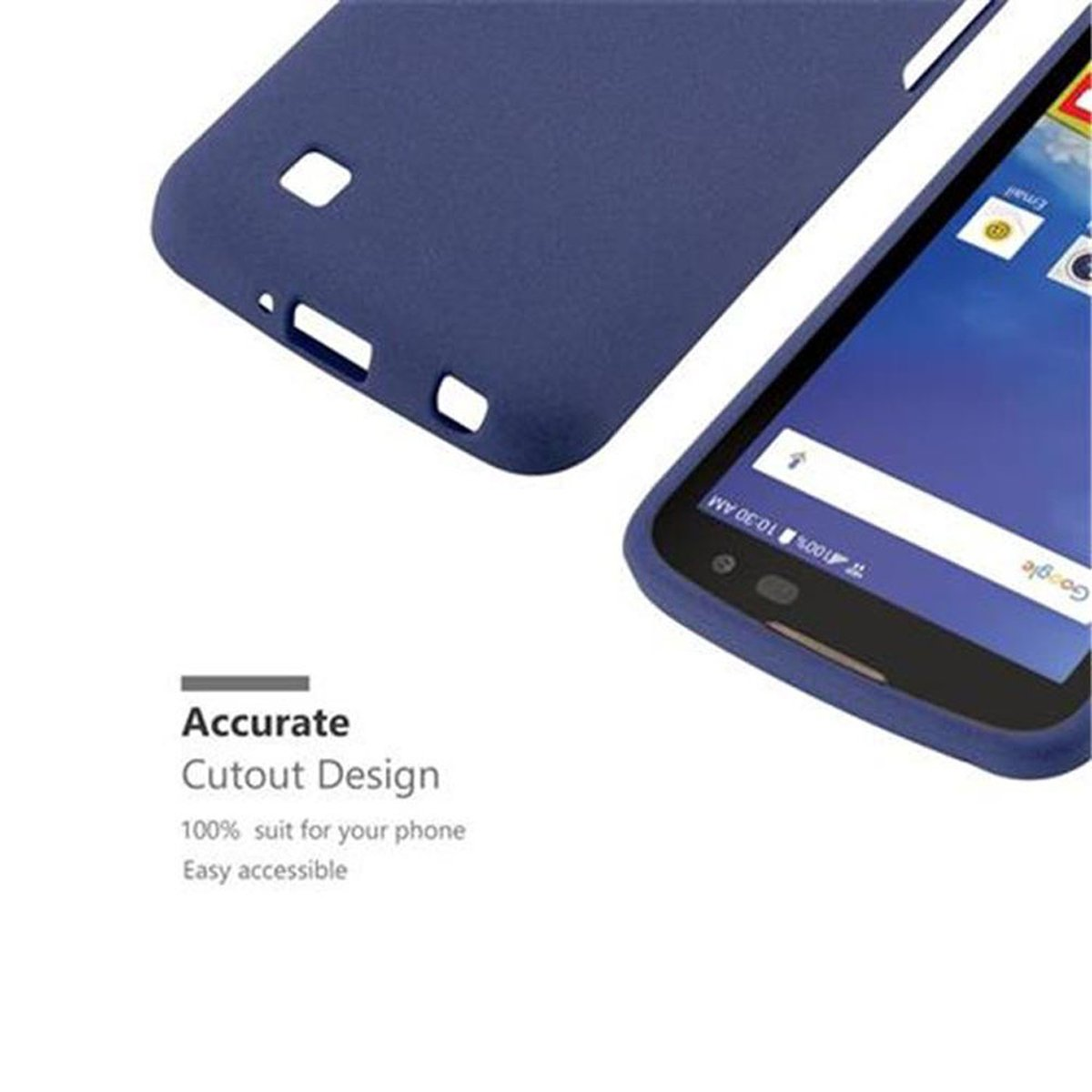 Una custodia blu per telefono e uno schermo del telefono con icone di app vengono mostrati, con testo sul design.