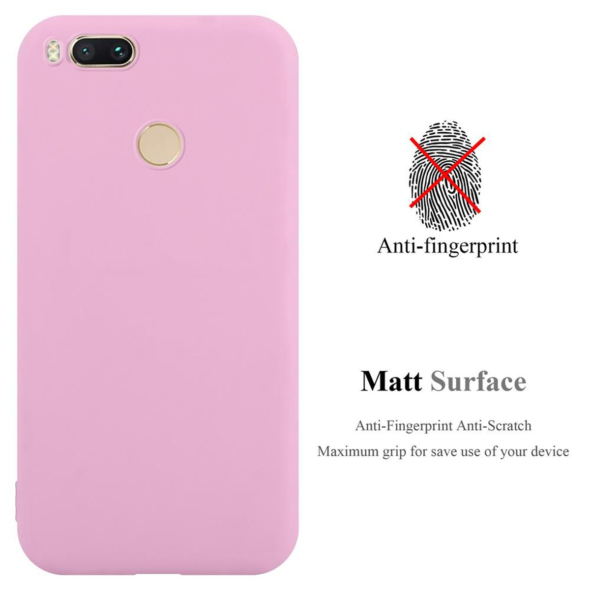 Custodia rosa con testo: Anti-impronte e superficie opaca. Un disegno di impronte digitali barrate.