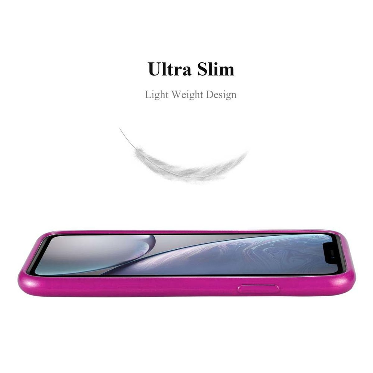 Una custodia per telefono rosa con le parole 'Ultra Slim' e una grafica a forma di piuma. Il telefono è nella custodia.