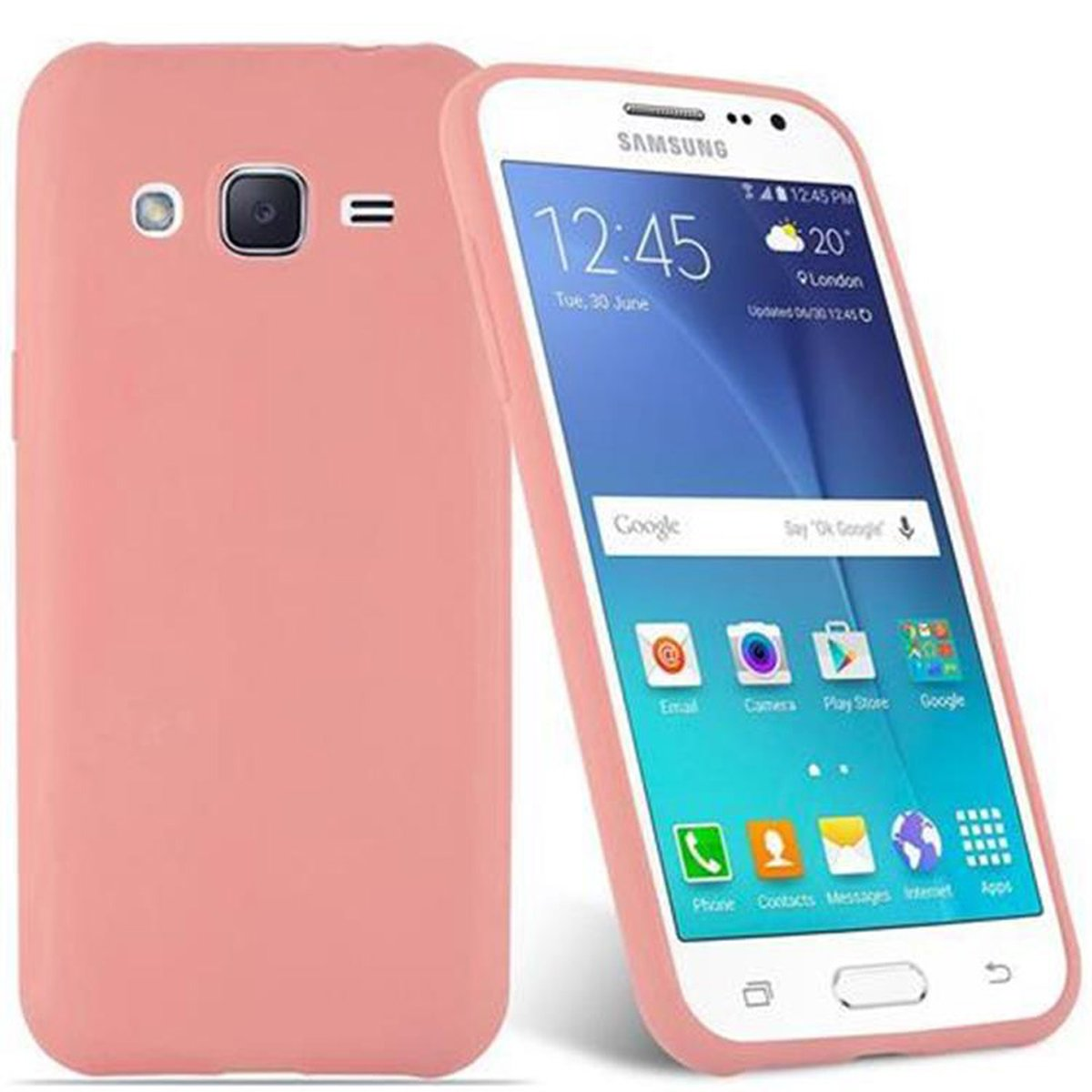 Custodia rosa accanto a telefono bianco con schermo che mostra ora e data.