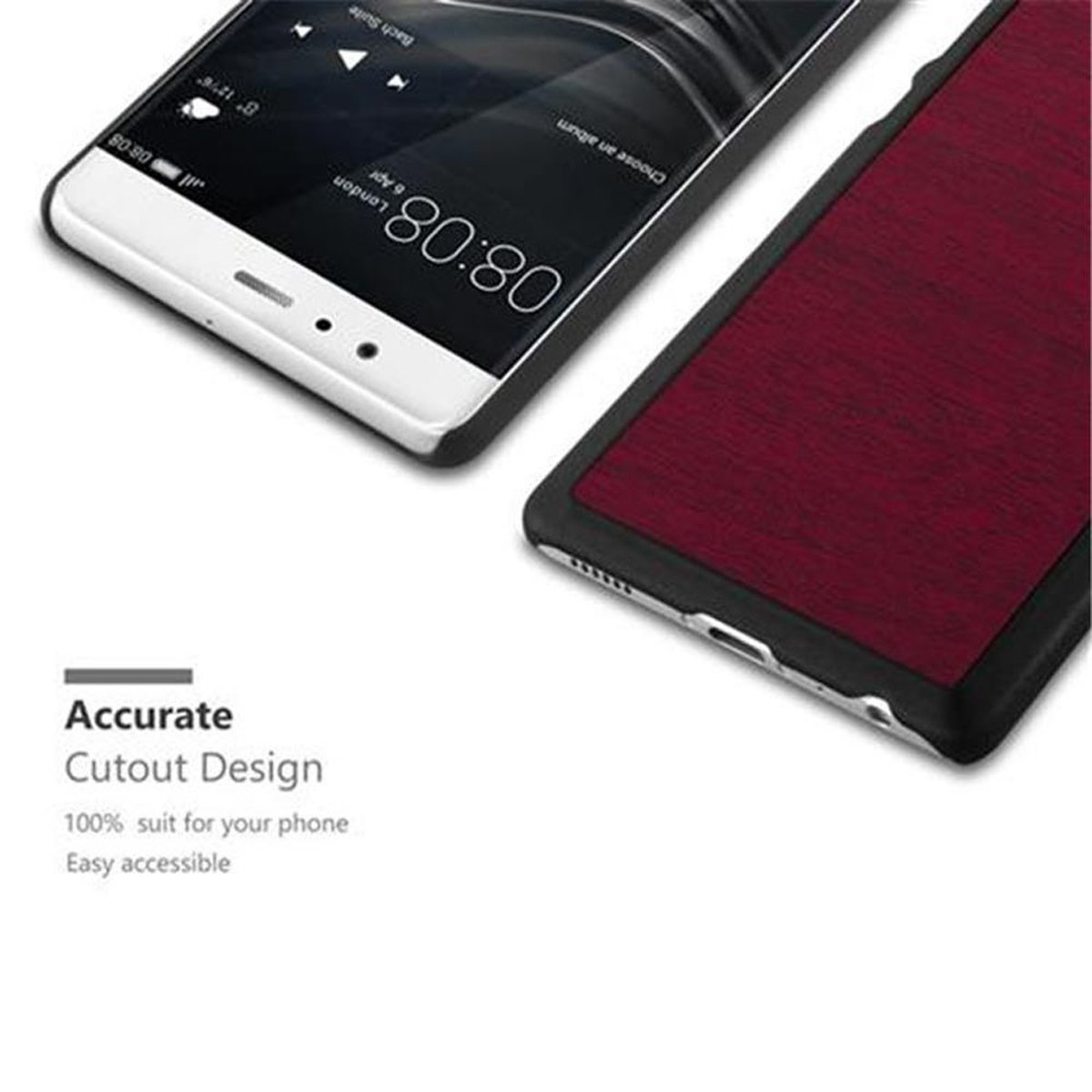 Dos teléfonos en una funda. Un teléfono tiene un marco blanco, el otro un aspecto de veta de madera rojo oscuro. Texto: 'Accurate Cutout Design'.
