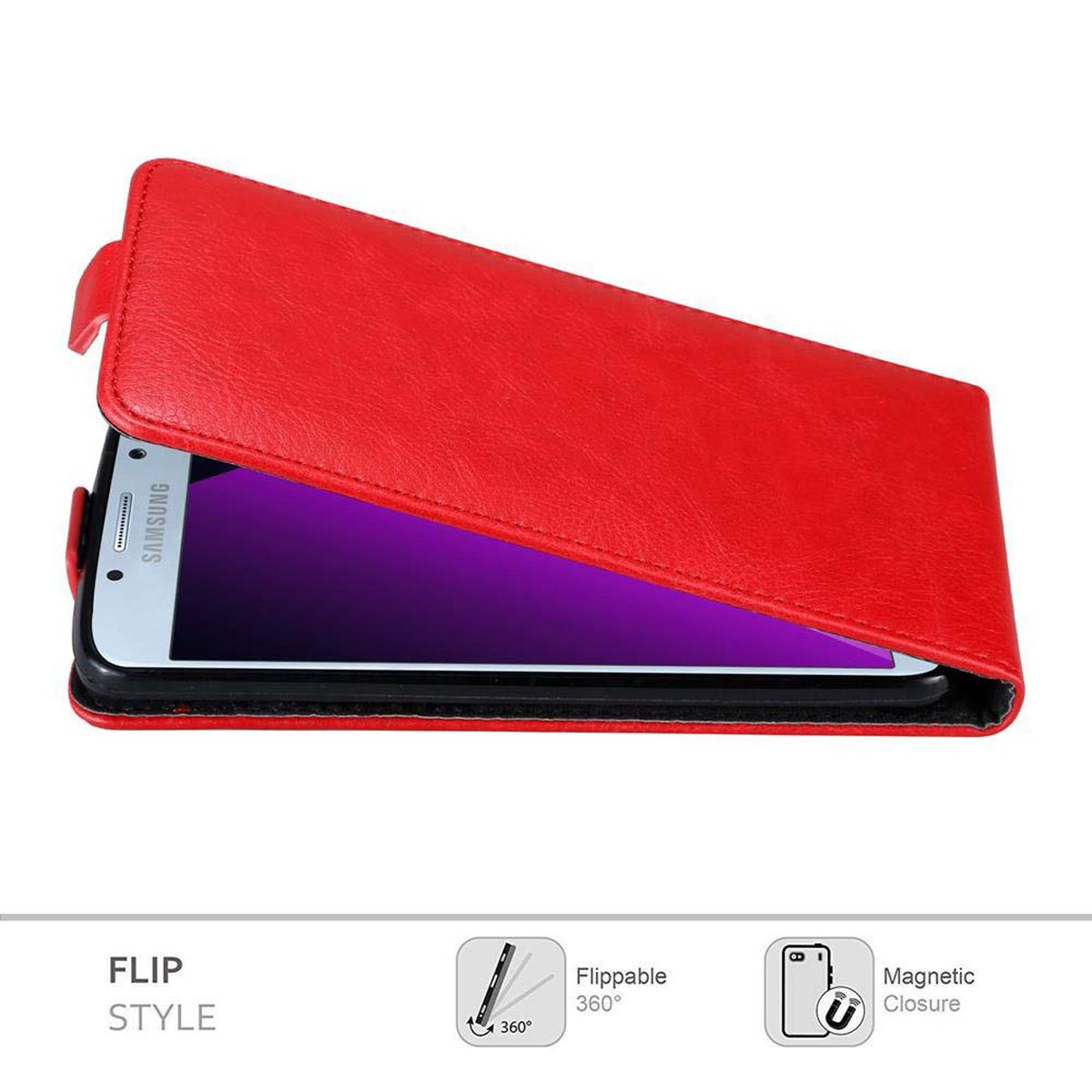 Funda de teléfono con tapa roja abierta con teléfono dentro. La pantalla del teléfono es morada. Fondo blanco.