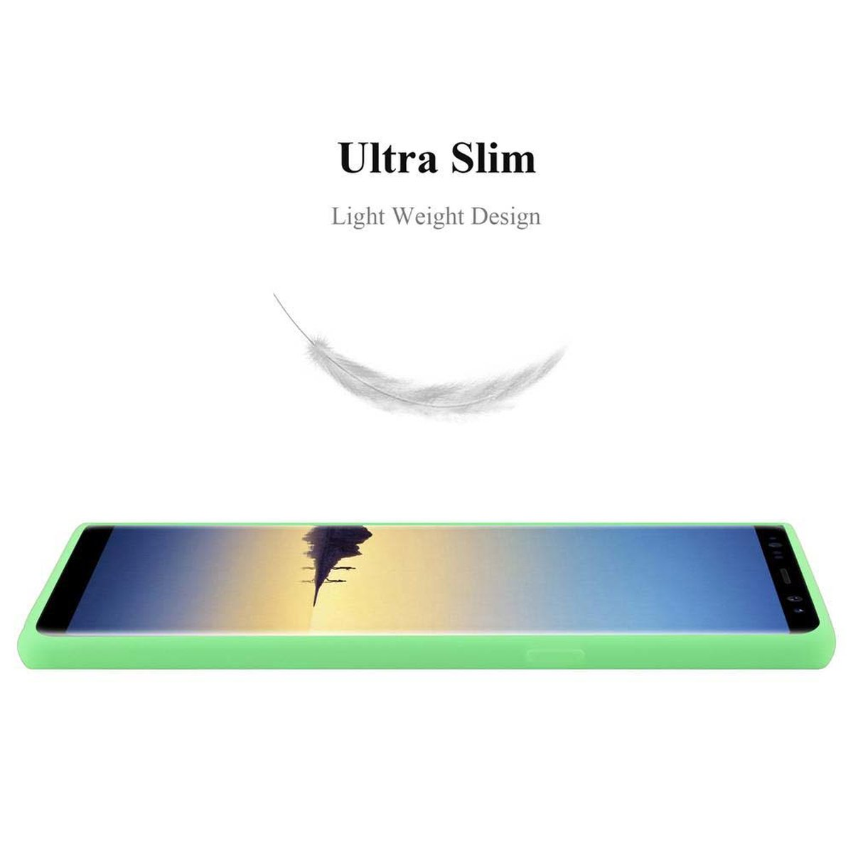 Una custodia verde per telefono dal design sottile. La custodia si trova su uno sfondo bianco con una piuma.