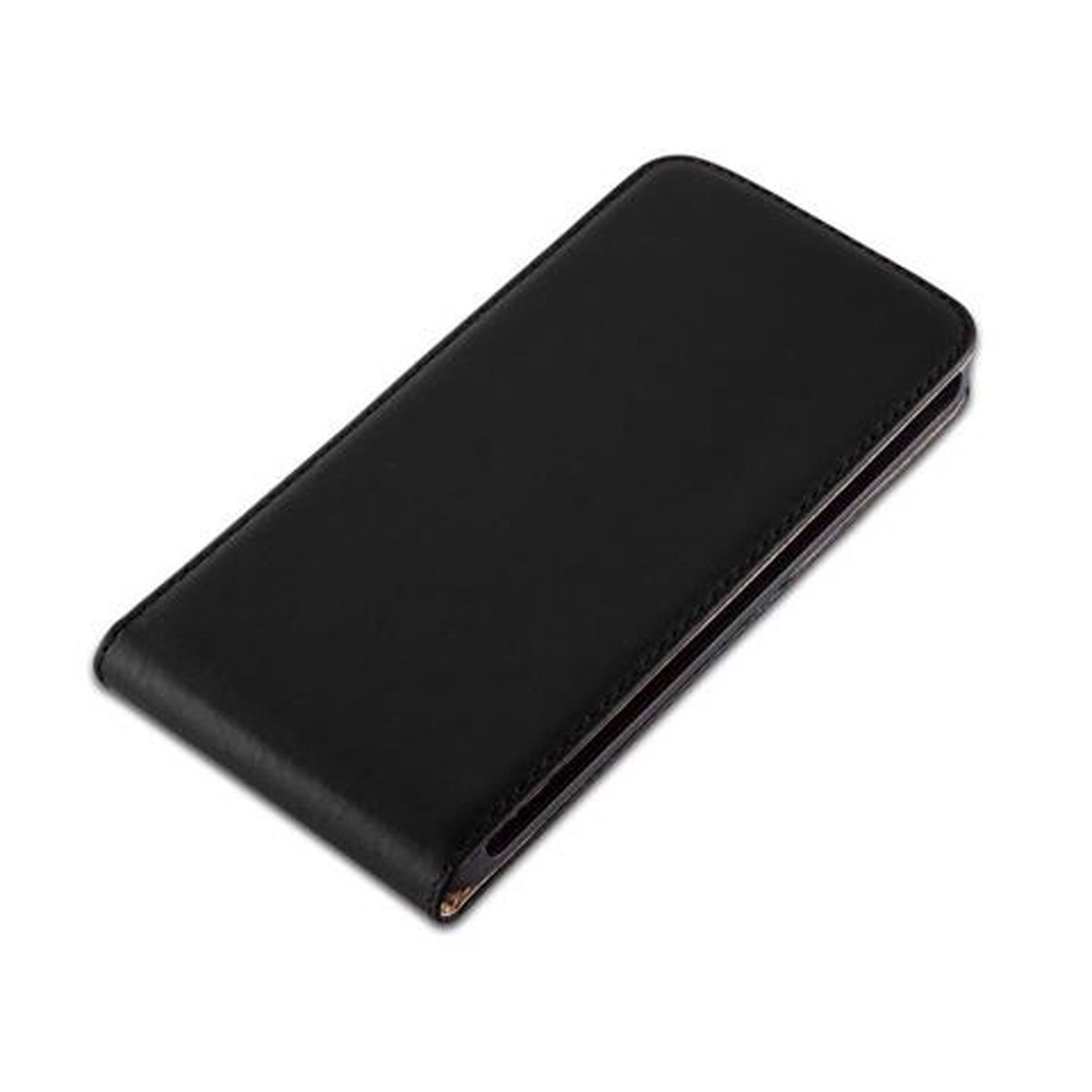 Funda negra para teléfono cerrada, forma rectangular sobre fondo blanco.
