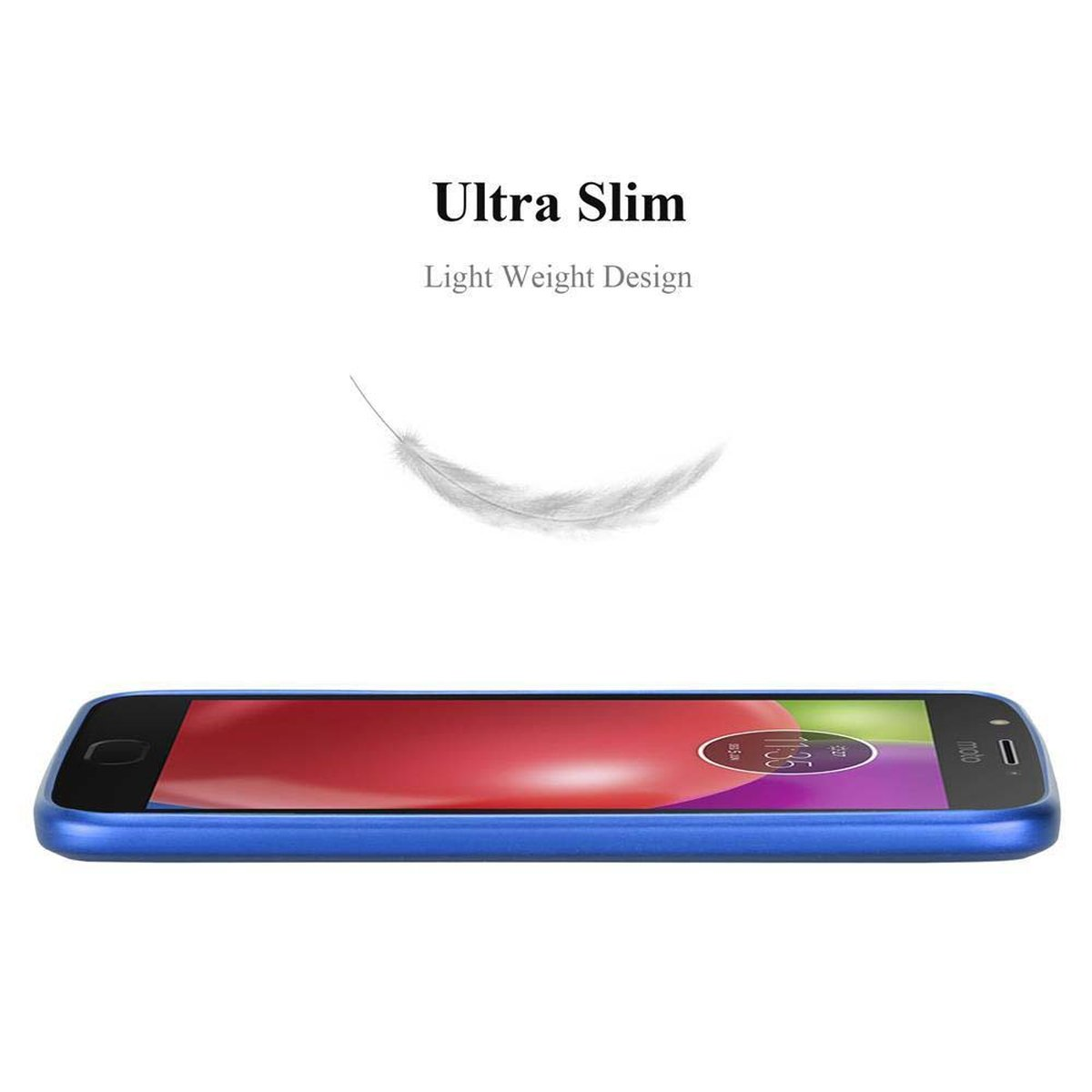 Telefono blu sdraiato. Testo: design ultra sottile e leggero. È presente un'illustrazione di piuma.